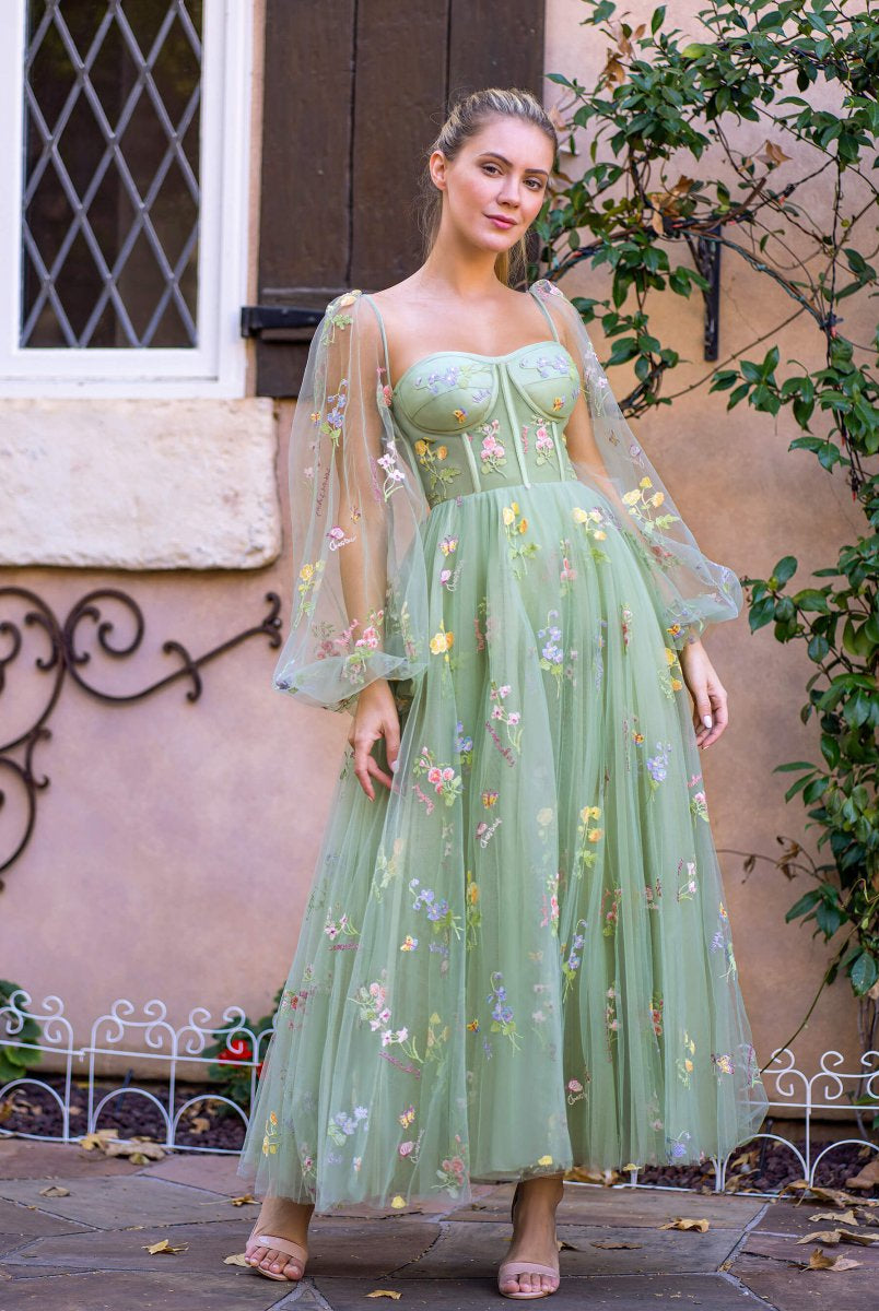Sweetheart Embroidery Tea - Length Tulle Puff Sleeves Floral Corset Prom Dress - KissProm