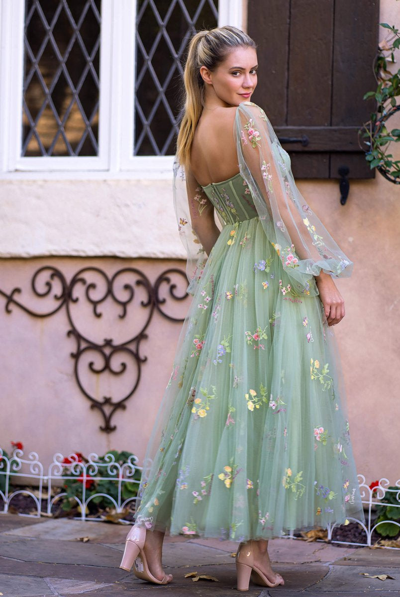 Sweetheart Embroidery Tea - Length Tulle Puff Sleeves Floral Corset Prom Dress - KissProm