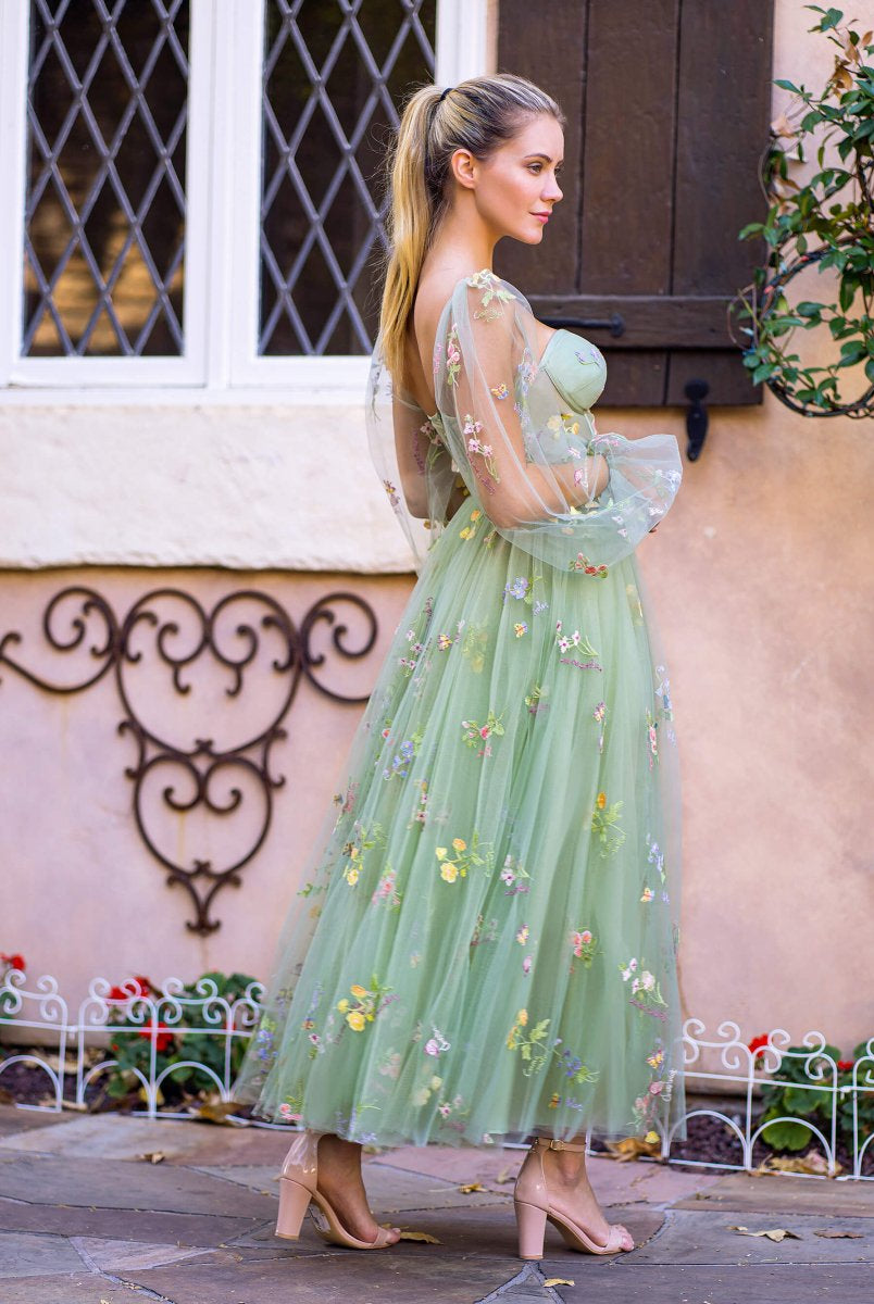 Sweetheart Embroidery Tea - Length Tulle Puff Sleeves Floral Corset Prom Dress - KissProm