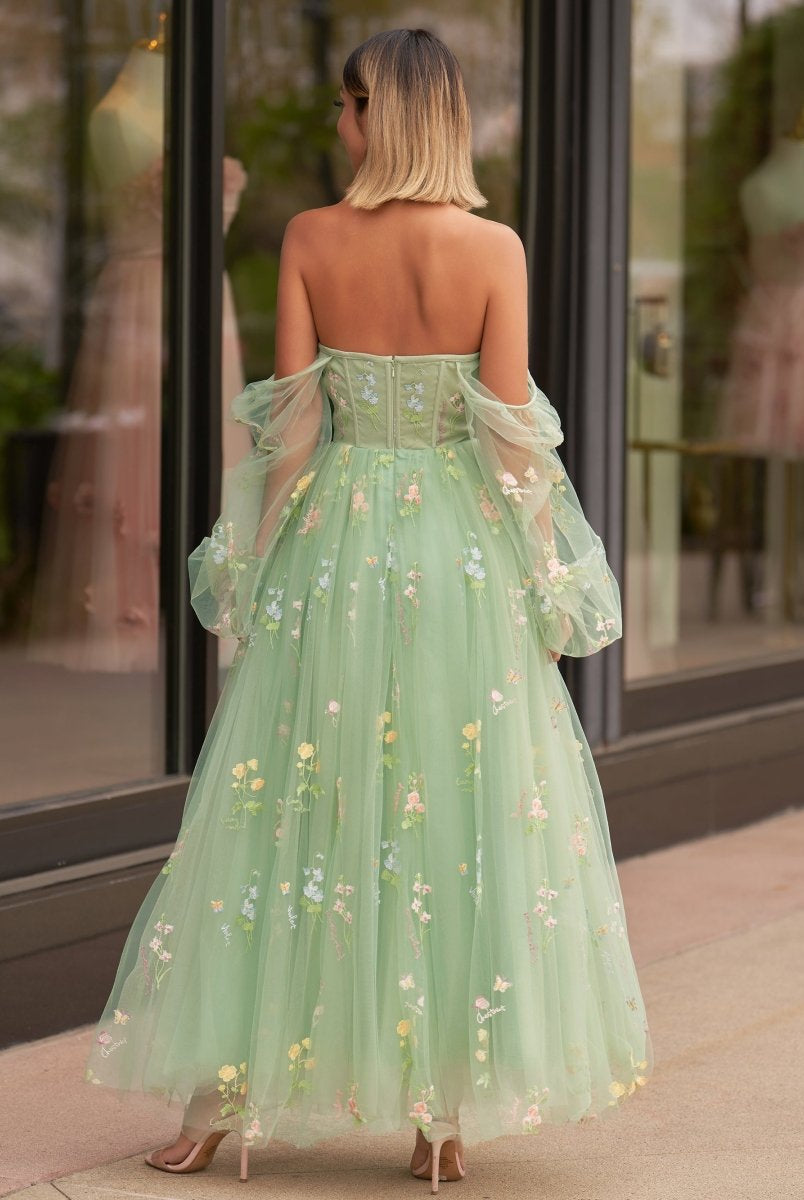 Sweetheart Embroidery Tea - Length Tulle Puff Sleeves Floral Corset Prom Dress - KissProm