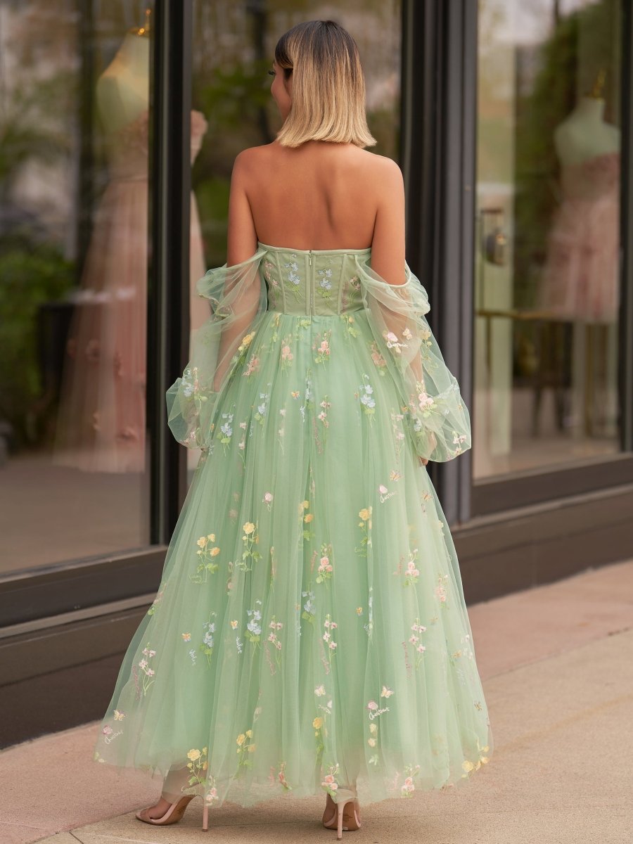 Sweetheart Embroidery Tea - Length Tulle Puff Sleeves Floral Corset Prom Dress - KissProm