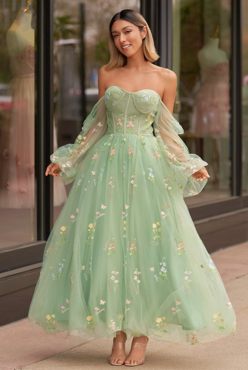 Sweetheart Embroidery Tea - Length Tulle Puff Sleeves Floral Corset Prom Dress - KissProm