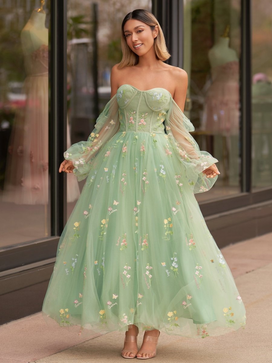 Sweetheart Embroidery Tea - Length Tulle Puff Sleeves Floral Corset Prom Dress - KissProm