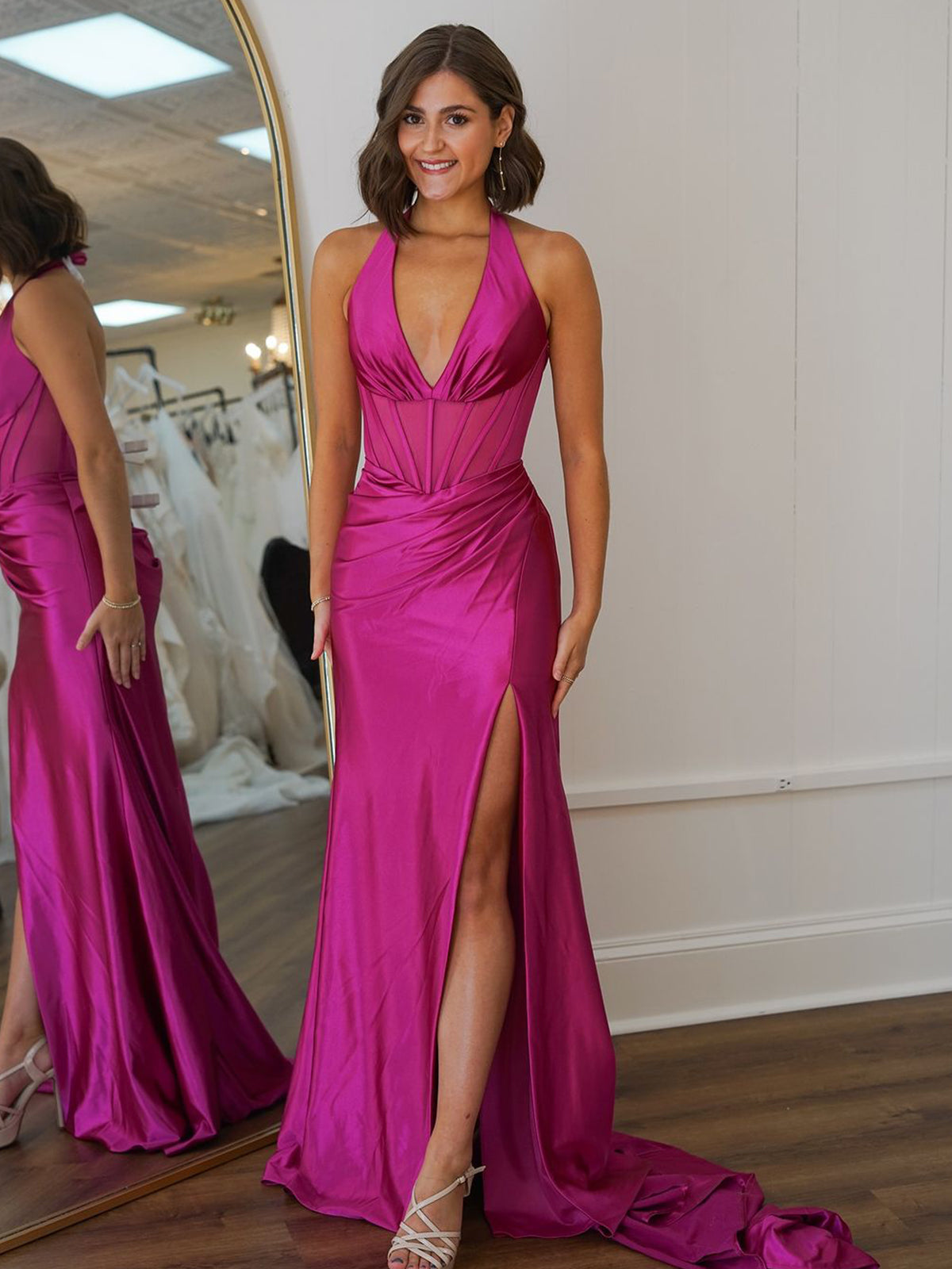 Mermaid Magenta Halter Sheer Bodice Pleated Prom Dress with Slit