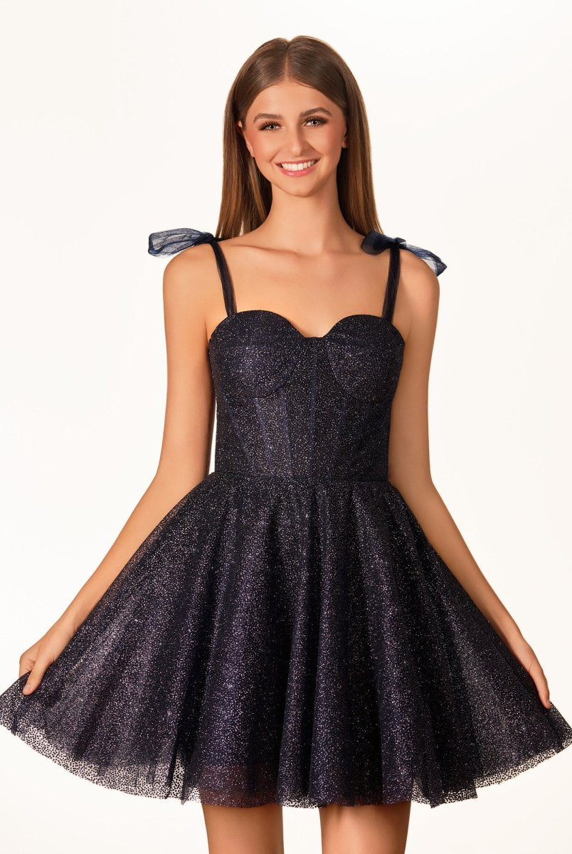 Jessalyn | Tie Shoulder White Spraying A - Line Short Party Dress - KissProm