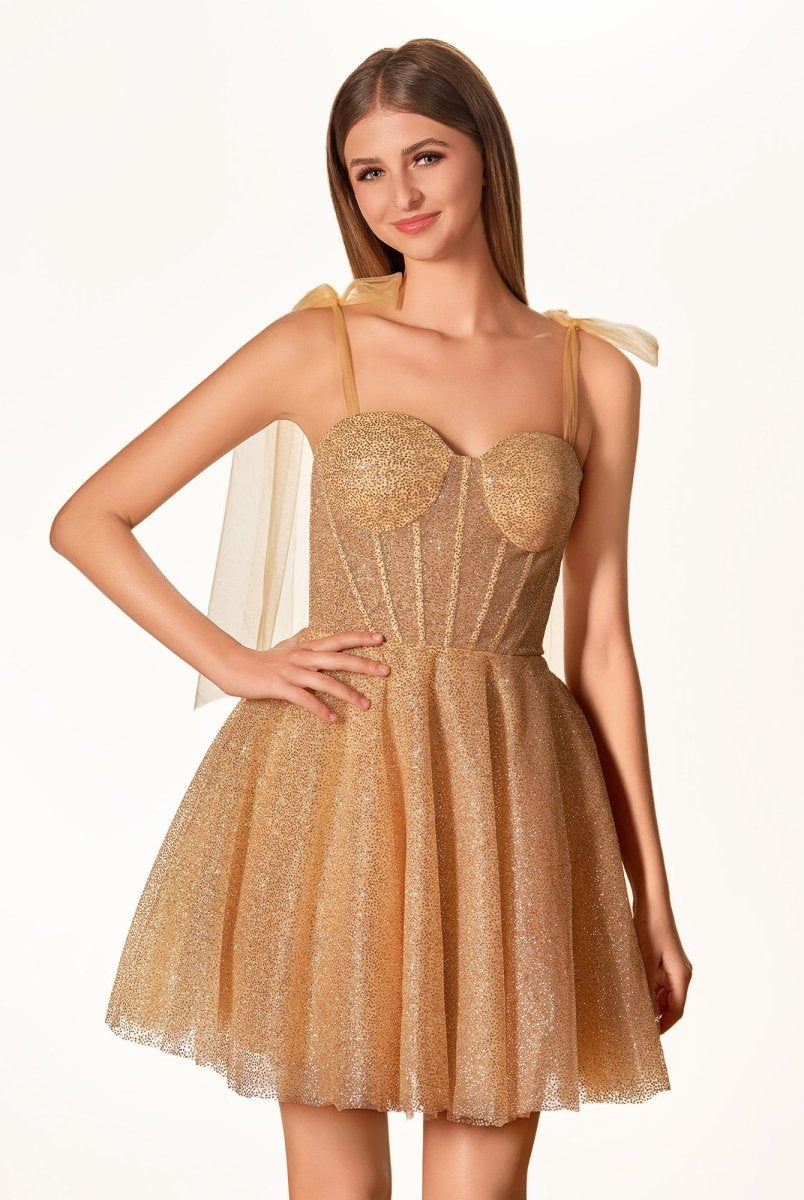 Jessalyn | Tie Shoulder White Spraying A - Line Short Party Dress - KissProm