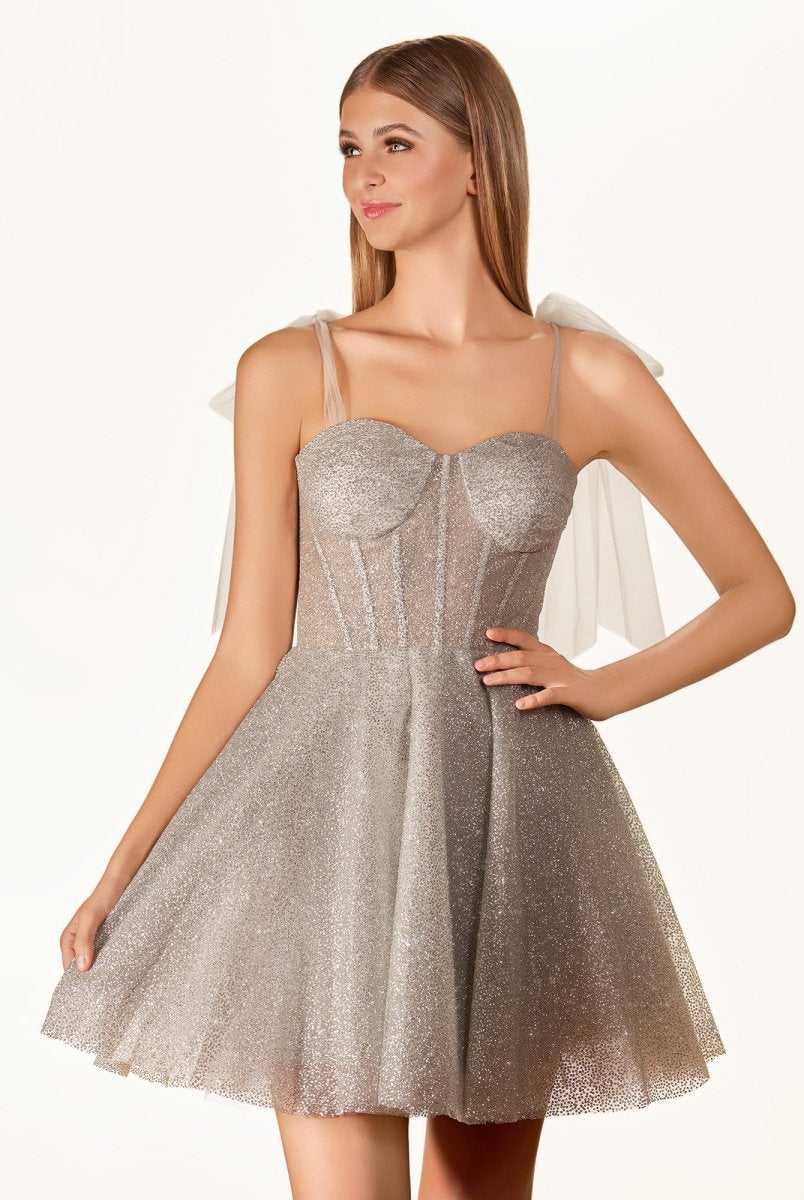 Jessalyn | Tie Shoulder White Spraying A - Line Short Party Dress - KissProm