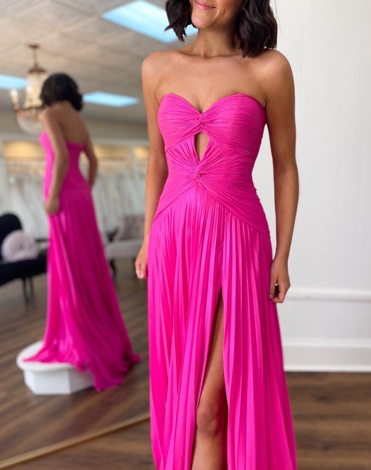 Hot Pink Strapless Keyhole Pleated A-Line Prom Dress