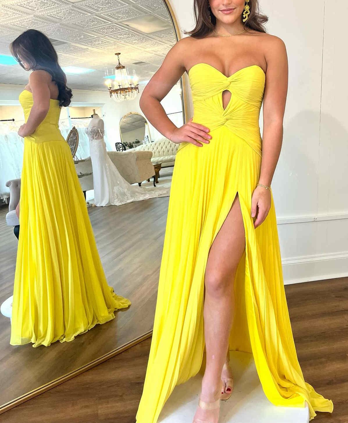 Hot Pink Strapless Keyhole Pleated A-Line Prom Dress