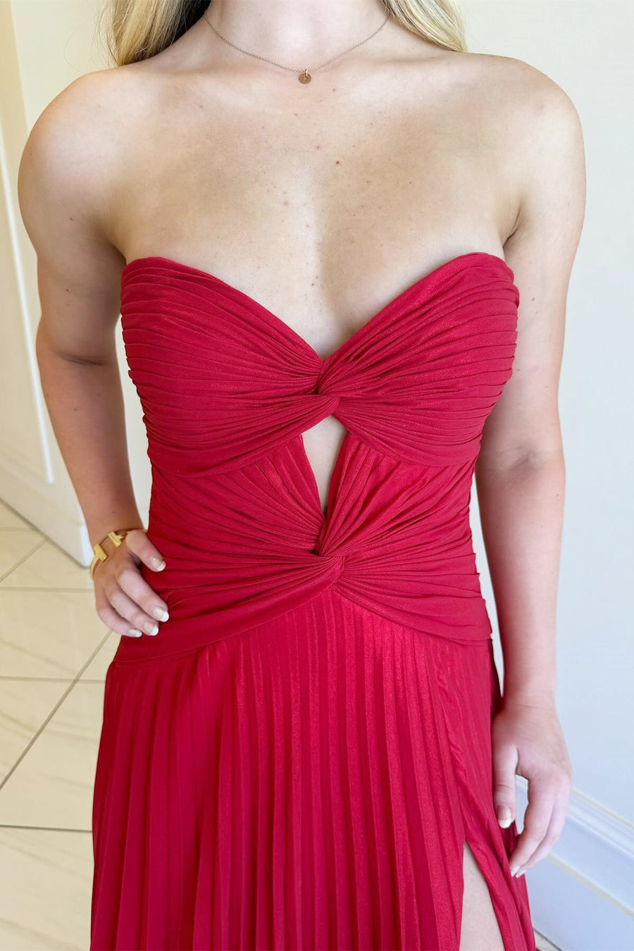 Hot Pink Strapless Keyhole Pleated A-Line Prom Dress