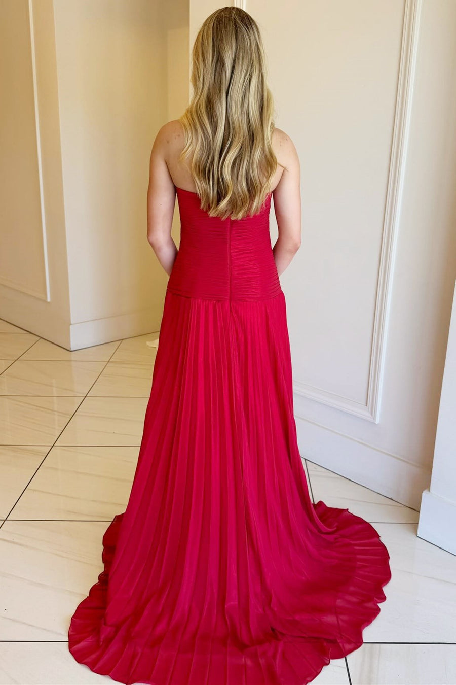 Hot Pink Strapless Keyhole Pleated A-Line Prom Dress