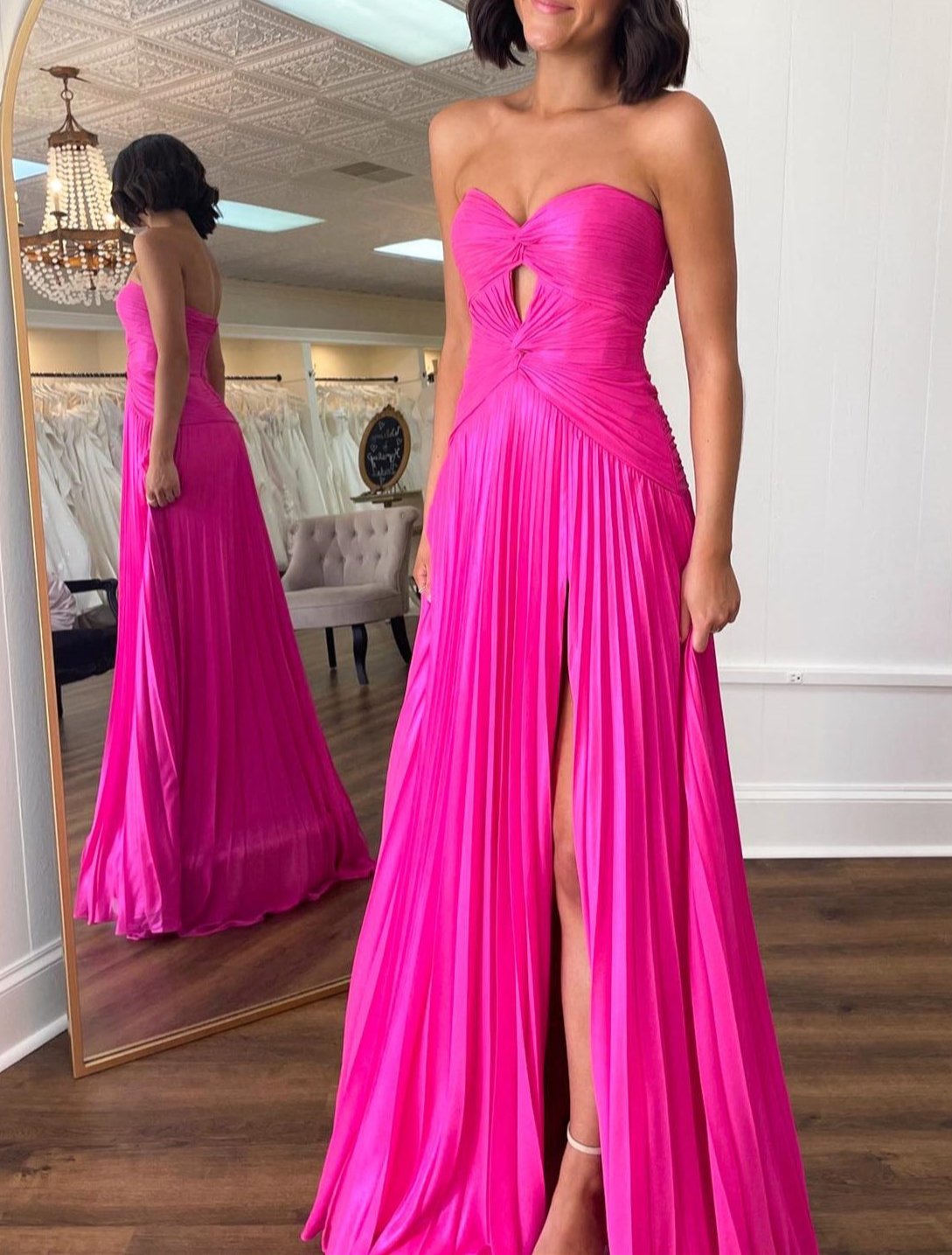 Hot Pink Strapless Keyhole Pleated A-Line Prom Dress