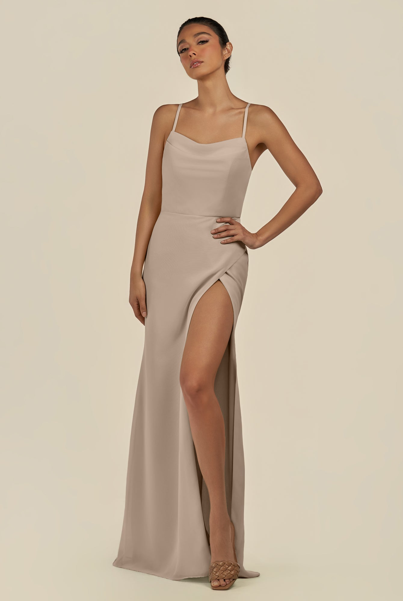KissDress-Unity Almond Sheath Spaghetti Straps Chiffon Ruched Long Bridesmaid Dress