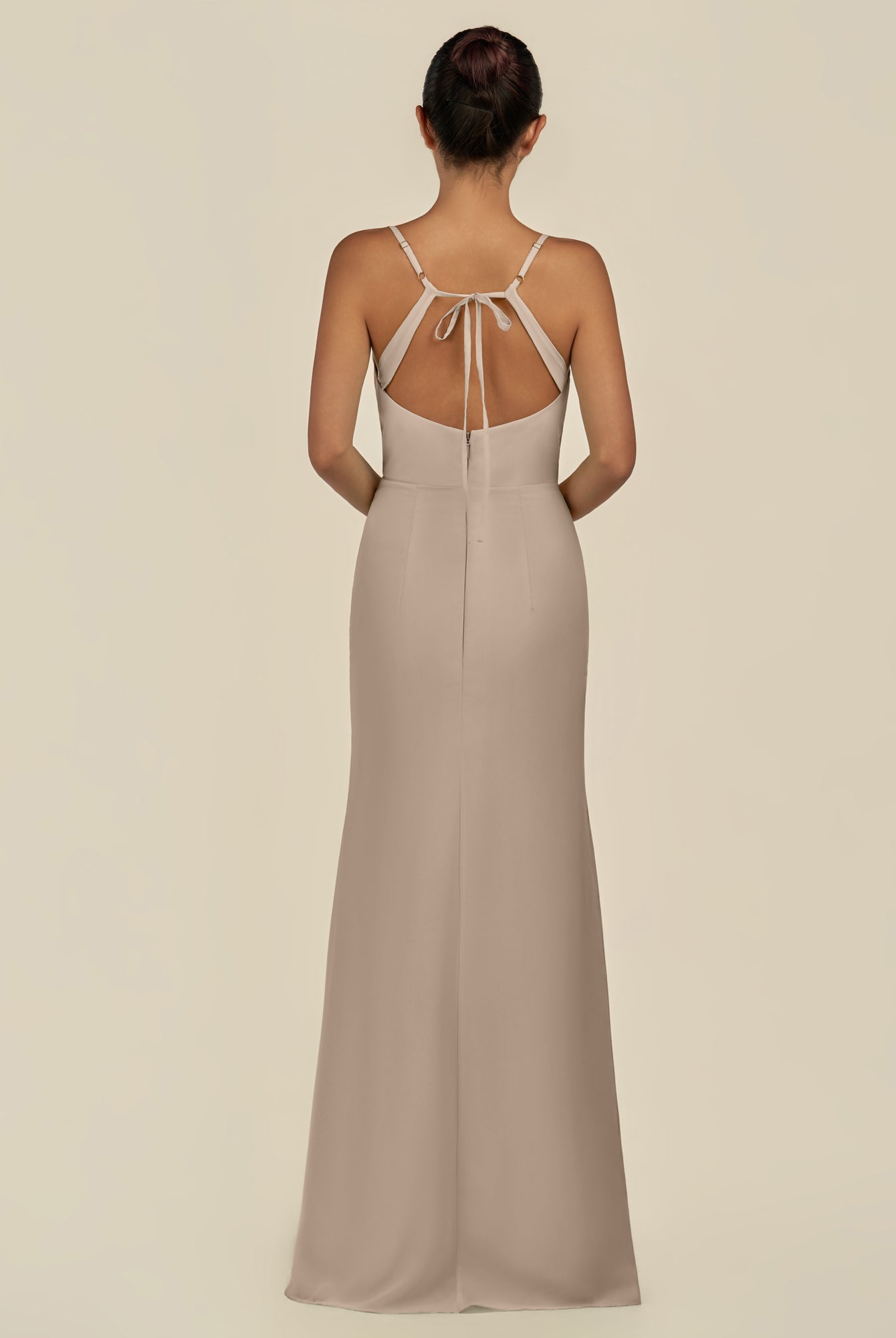 KissDress-Unity Almond Sheath Spaghetti Straps Chiffon Ruched Long Bridesmaid Dress