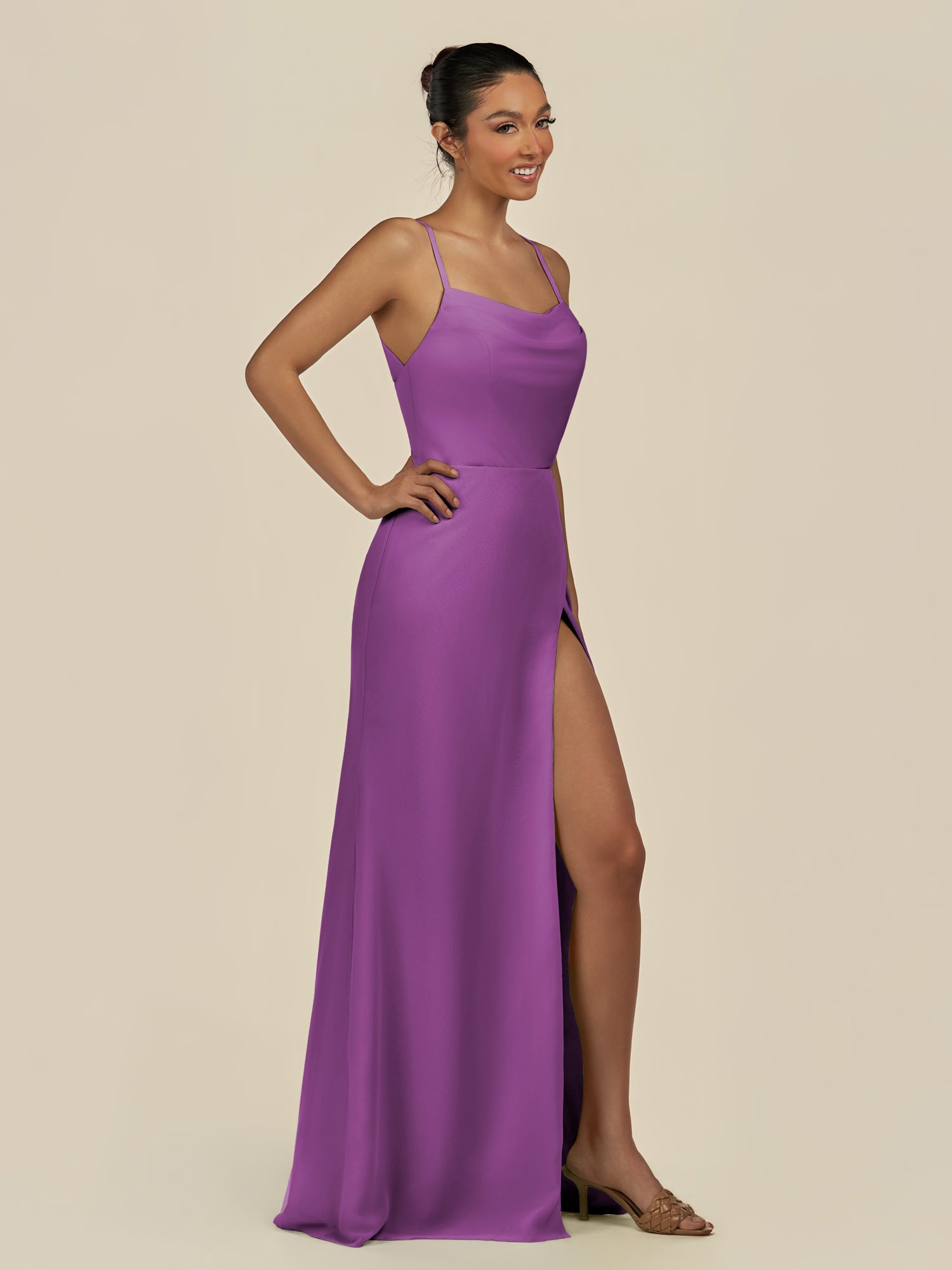KissDress-Unity Amethyst Sheath Spaghetti Straps Chiffon Ruched Long Bridesmaid Dress