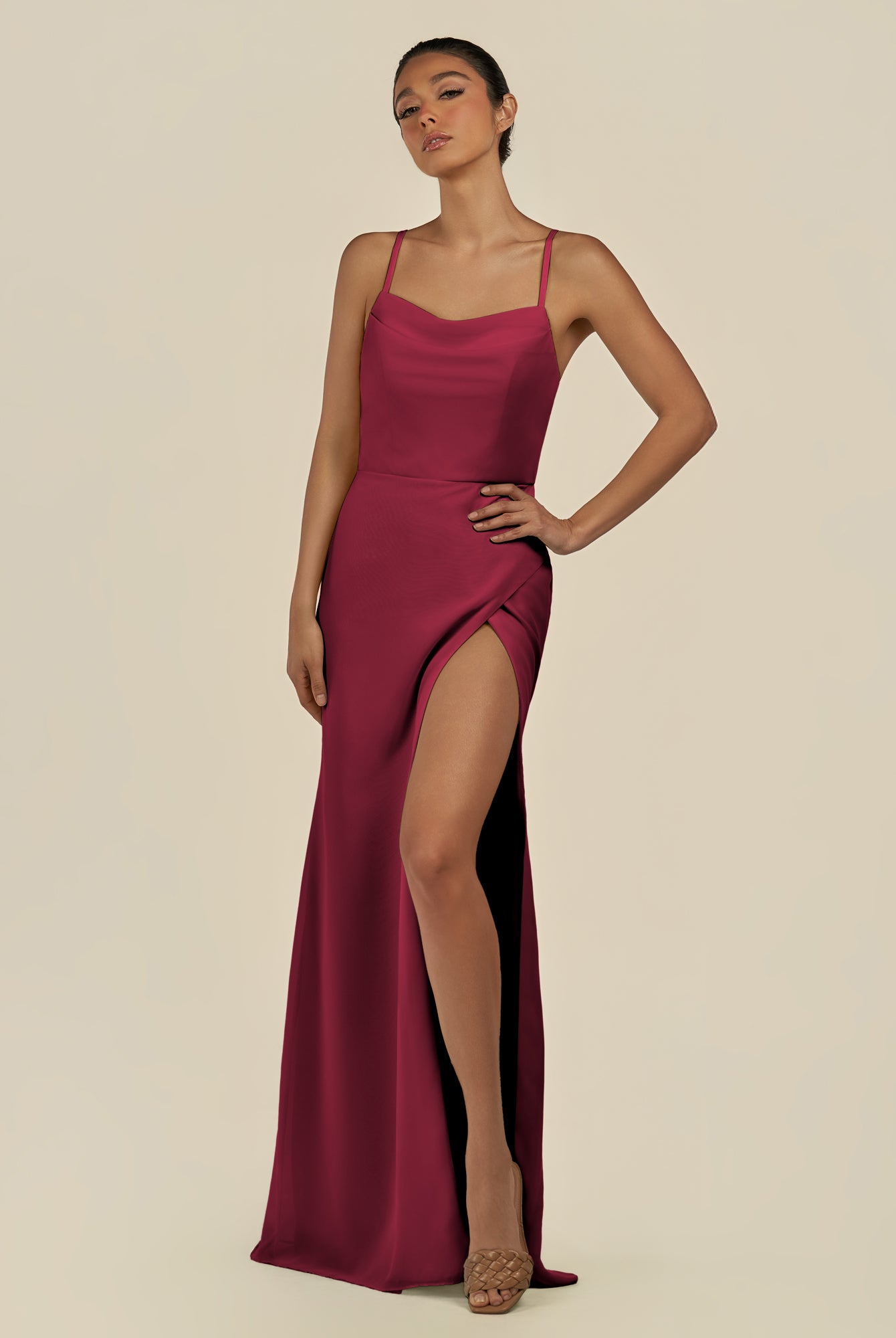 KissDress-Unity Berry Sheath Spaghetti Straps Chiffon Ruched Long Bridesmaid Dress