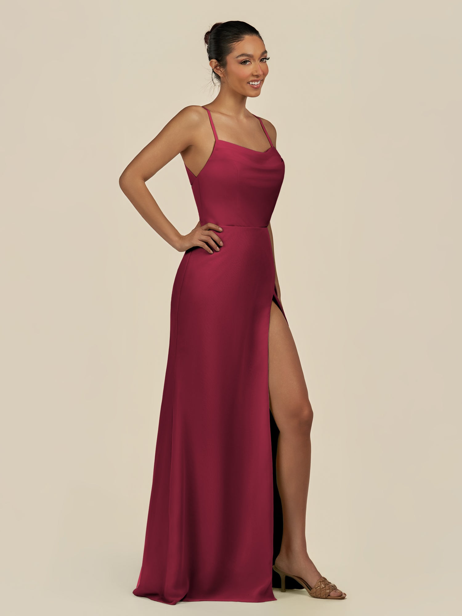 KissDress-Unity Berry Sheath Spaghetti Straps Chiffon Ruched Long Bridesmaid Dress