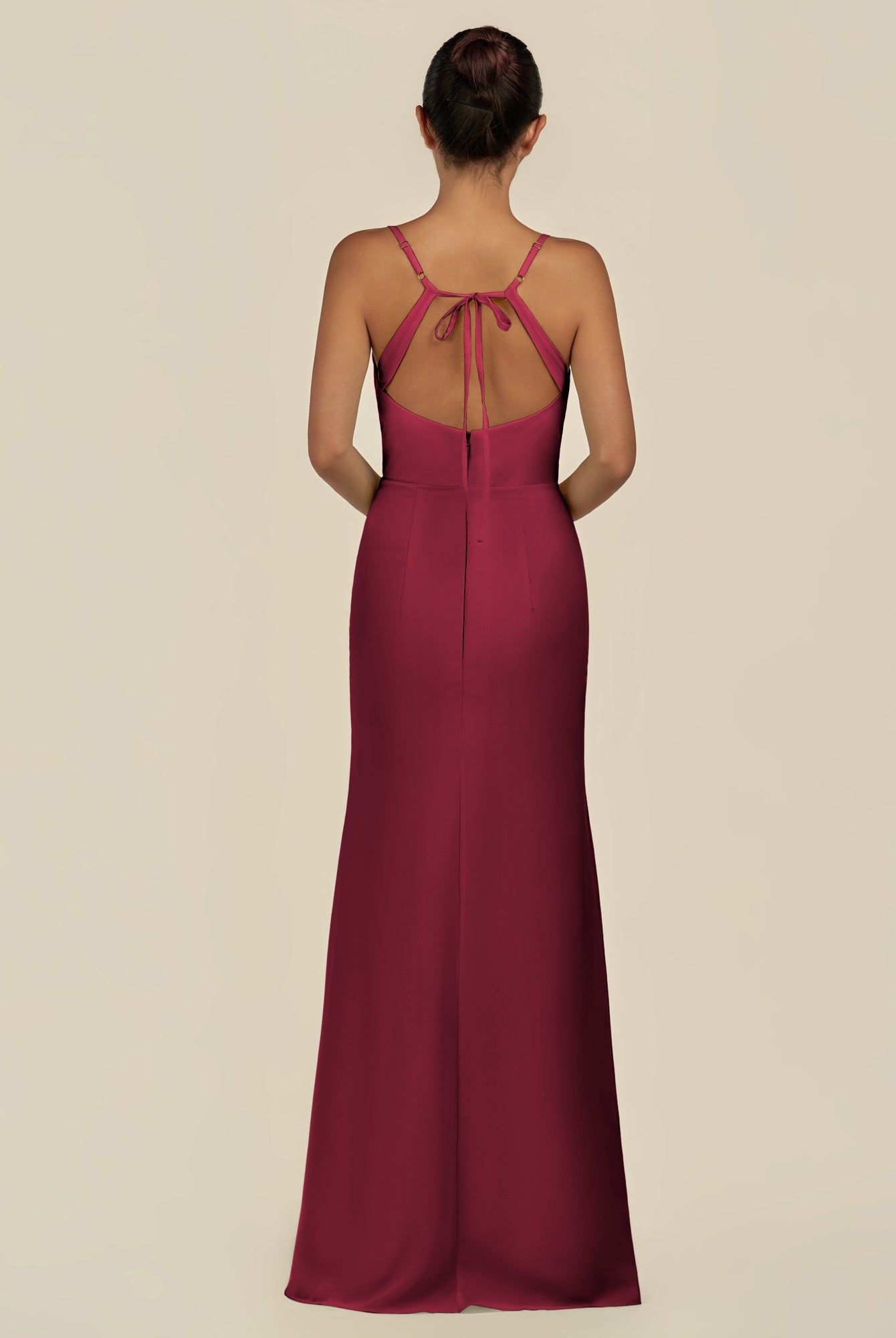 KissDress-Unity Berry Sheath Spaghetti Straps Chiffon Ruched Long Bridesmaid Dress