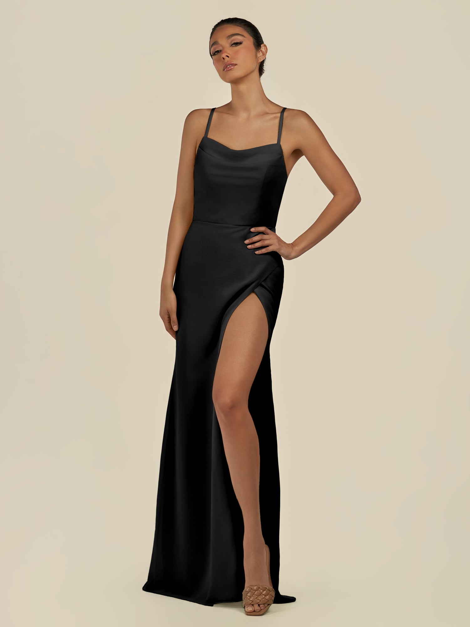 KissDress-Unity Black Sheath Spaghetti Straps Chiffon Ruched Long Bridesmaid Dress