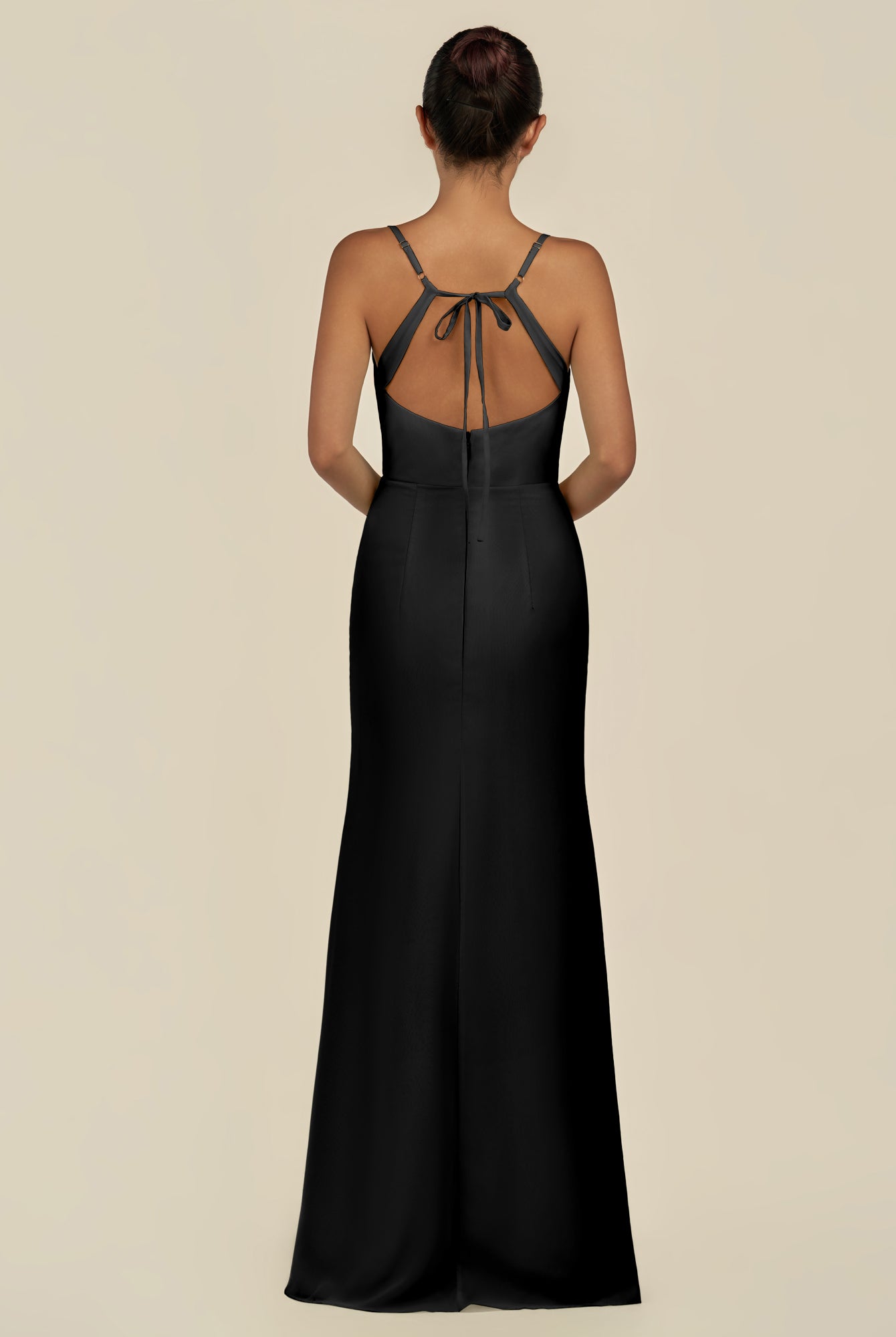 KissDress-Unity Black Sheath Spaghetti Straps Chiffon Ruched Long Bridesmaid Dress