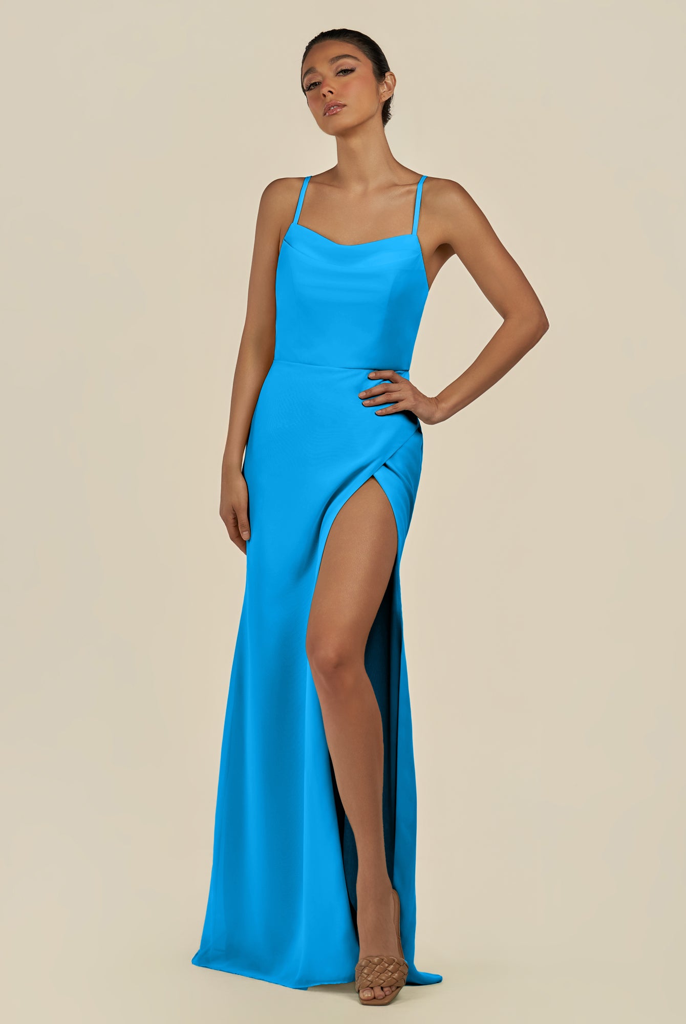 KissDress-Unity Blue Jay Sheath Spaghetti Straps Chiffon Ruched Long Bridesmaid Dress