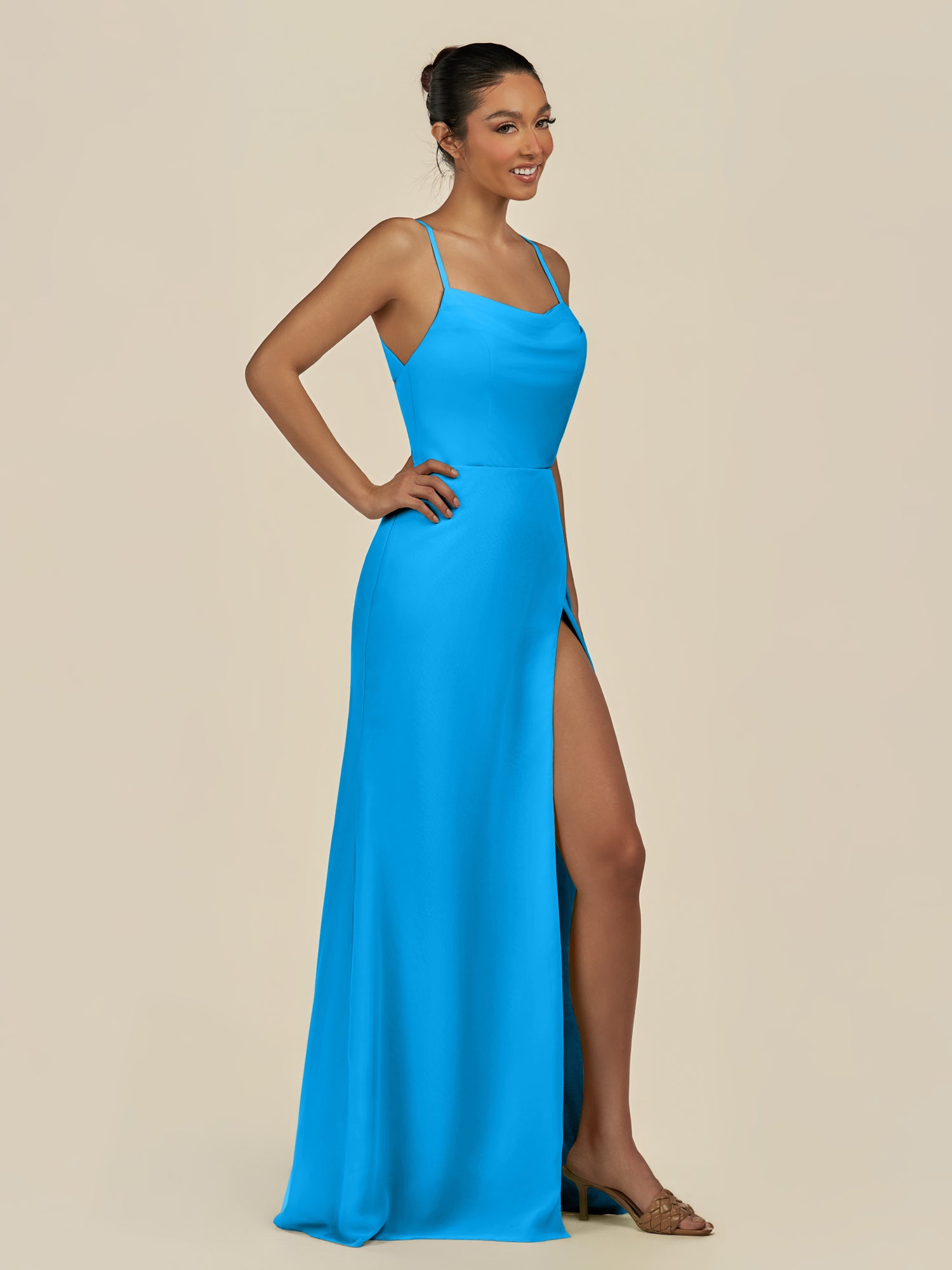 KissDress-Unity Blue Jay Sheath Spaghetti Straps Chiffon Ruched Long Bridesmaid Dress