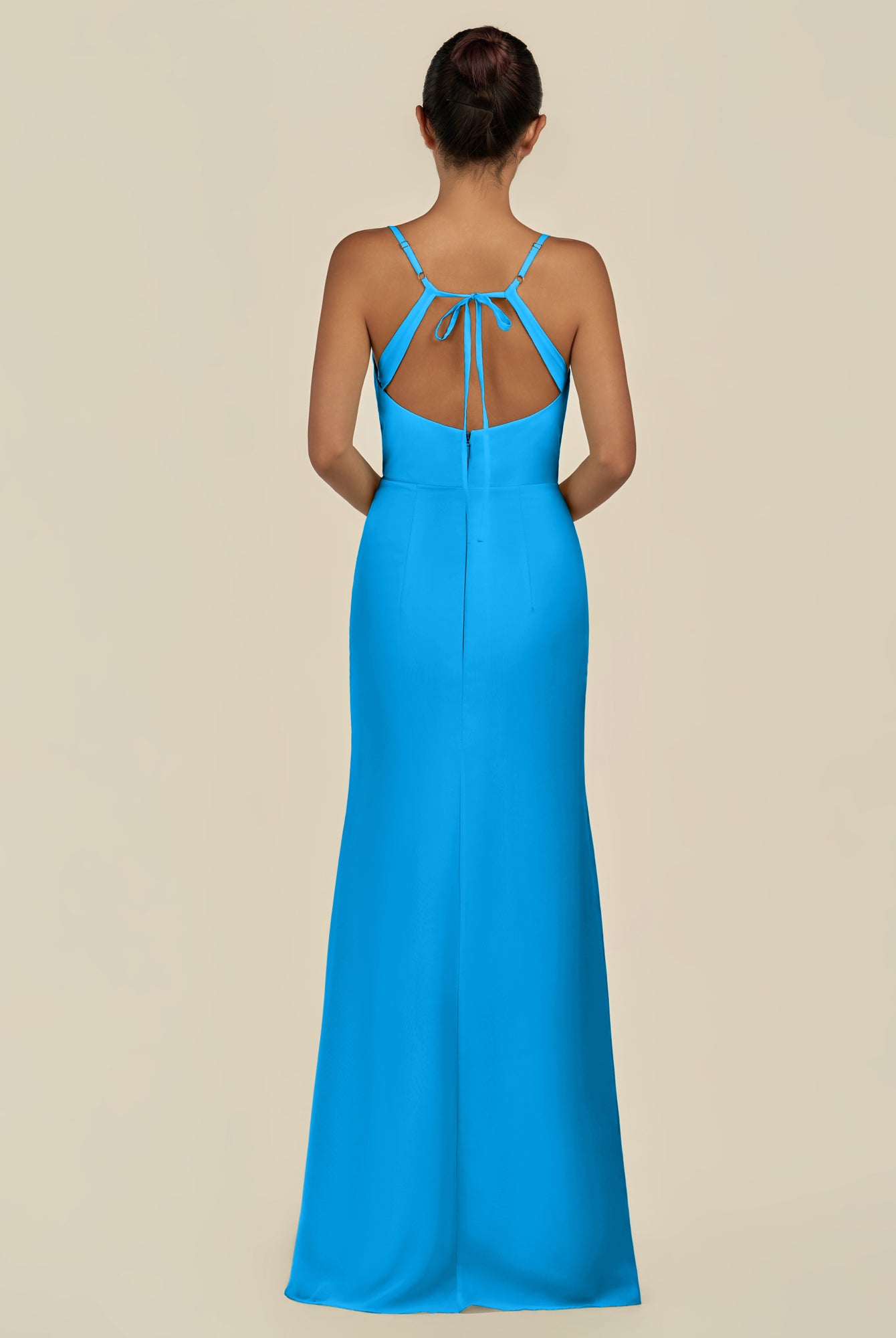 KissDress-Unity Blue Jay Sheath Spaghetti Straps Chiffon Ruched Long Bridesmaid Dress