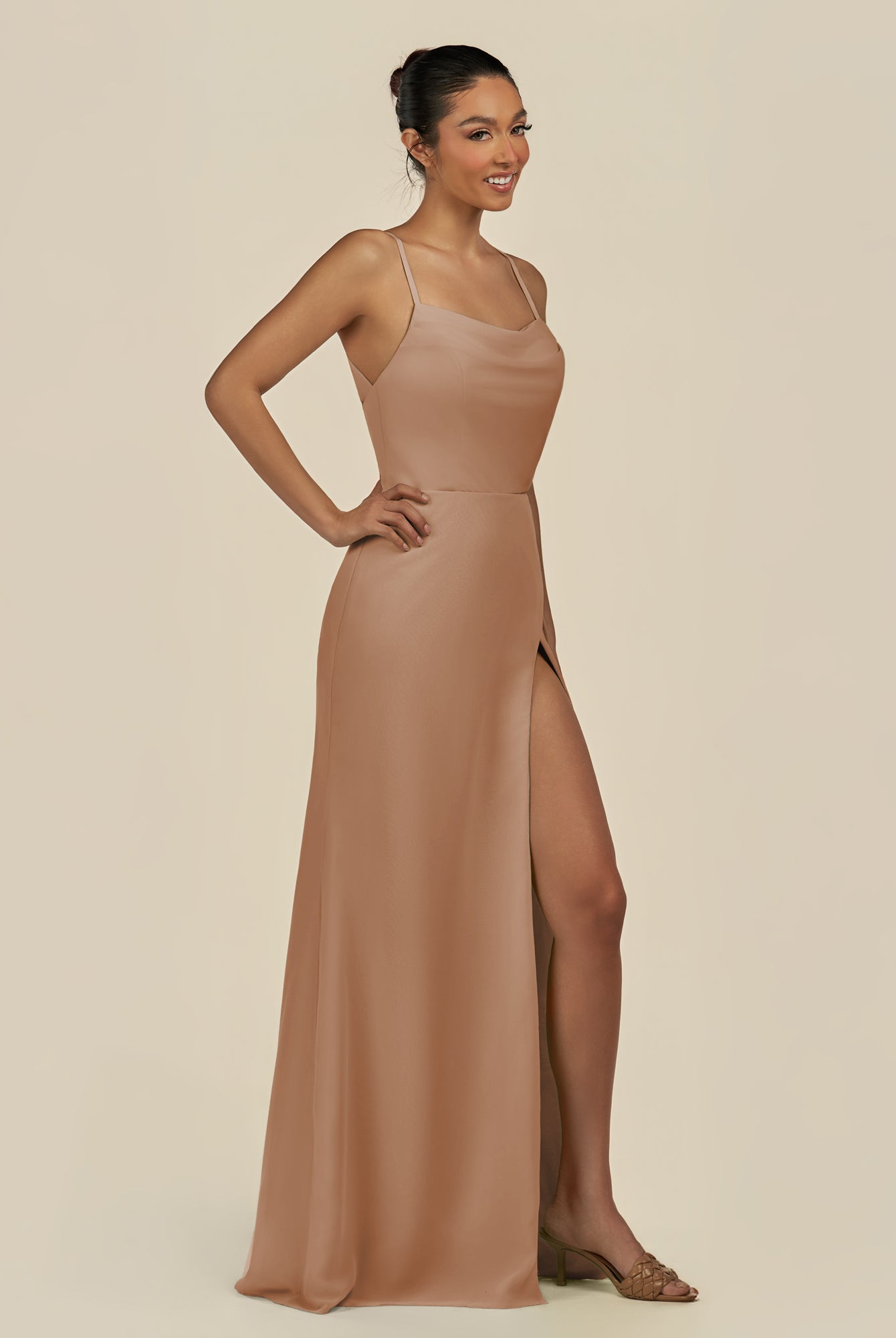 KissDress-Unity Bronzer Sheath Spaghetti Straps Chiffon Ruched Long Bridesmaid Dress