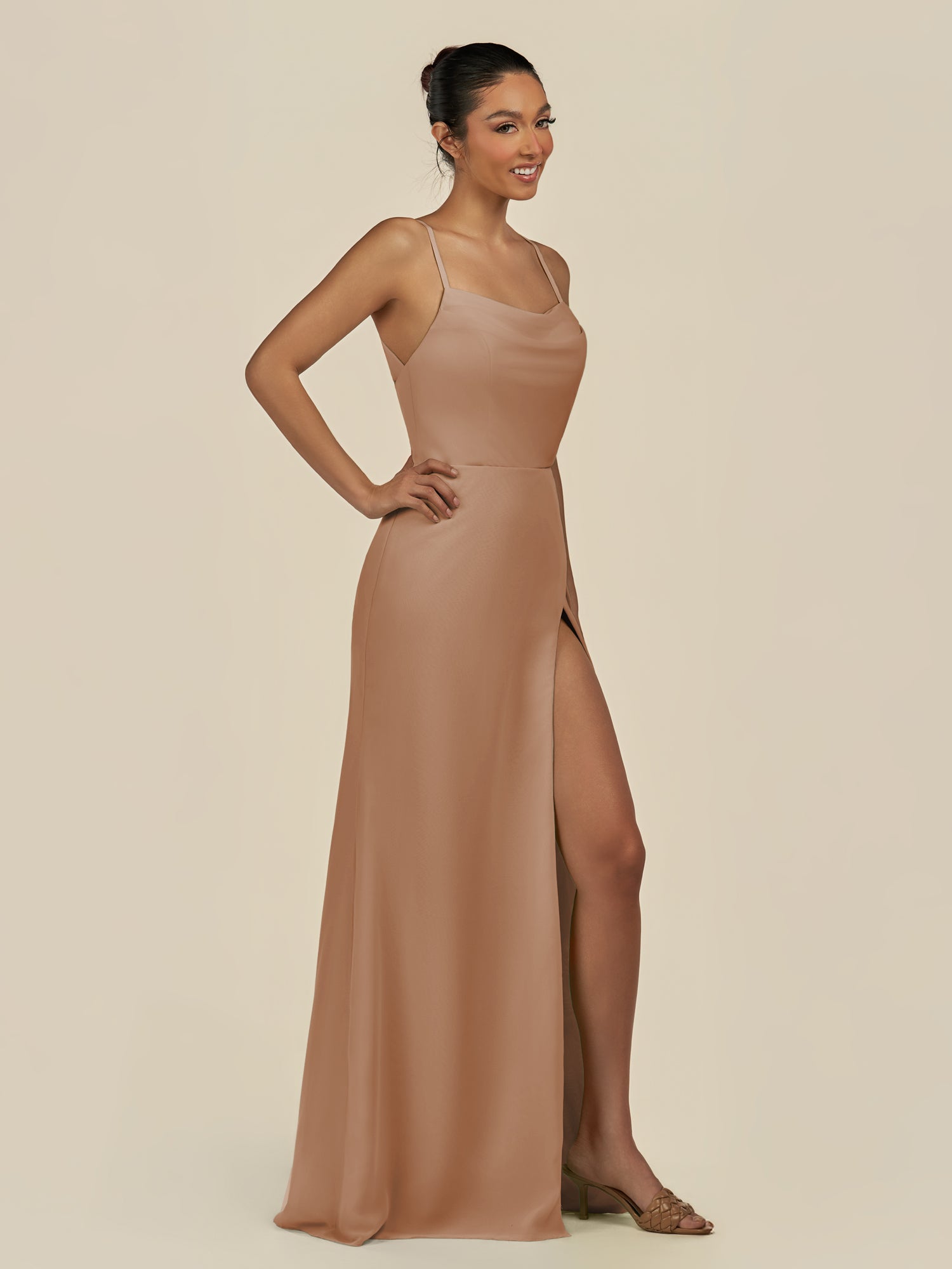 KissDress-Unity Bronzer Sheath Spaghetti Straps Chiffon Ruched Long Bridesmaid Dress