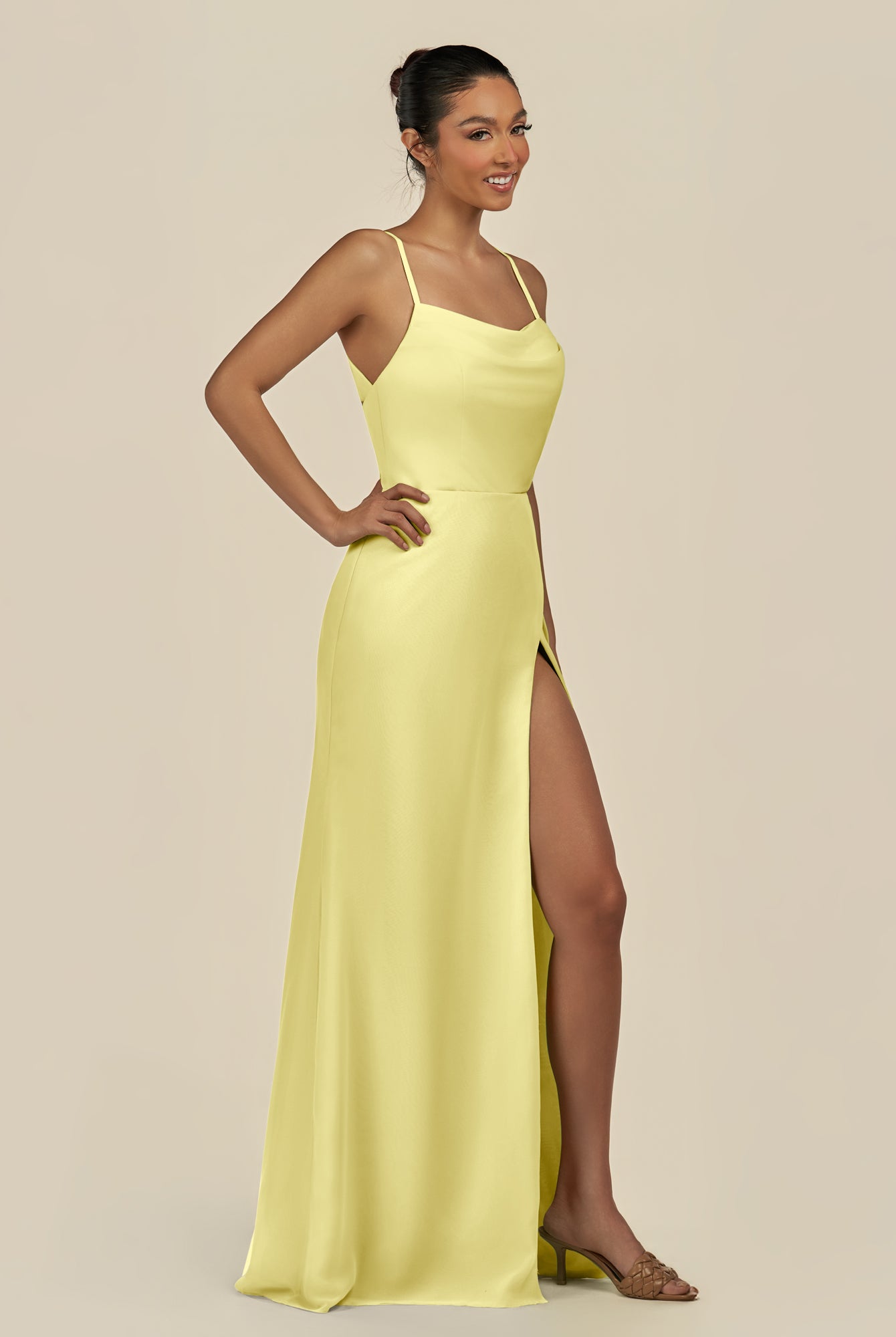 KissDress-Unity Buttercup Sheath Spaghetti Straps Chiffon Ruched Long Bridesmaid Dress