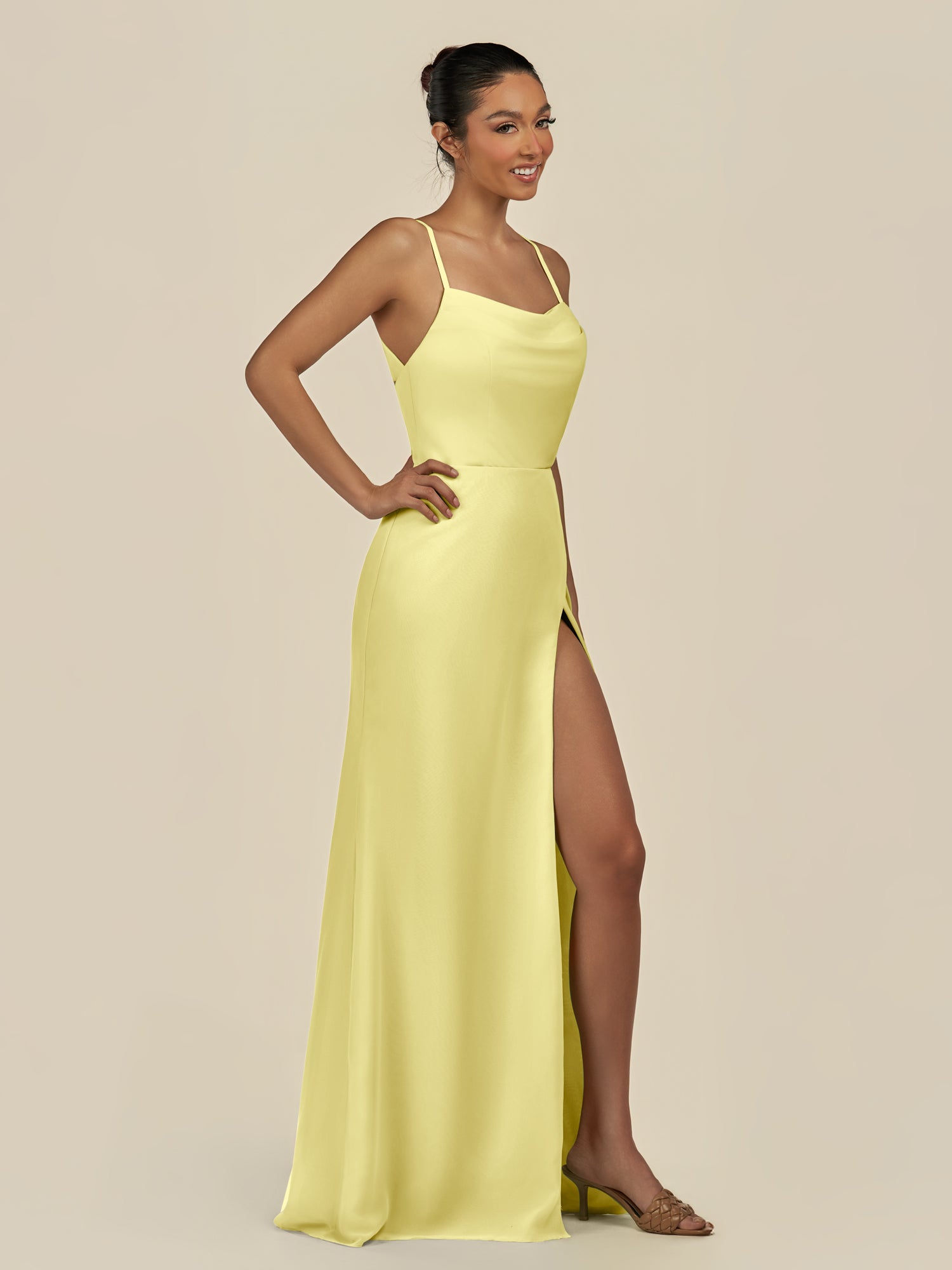 KissDress-Unity Buttercup Sheath Spaghetti Straps Chiffon Ruched Long Bridesmaid Dress