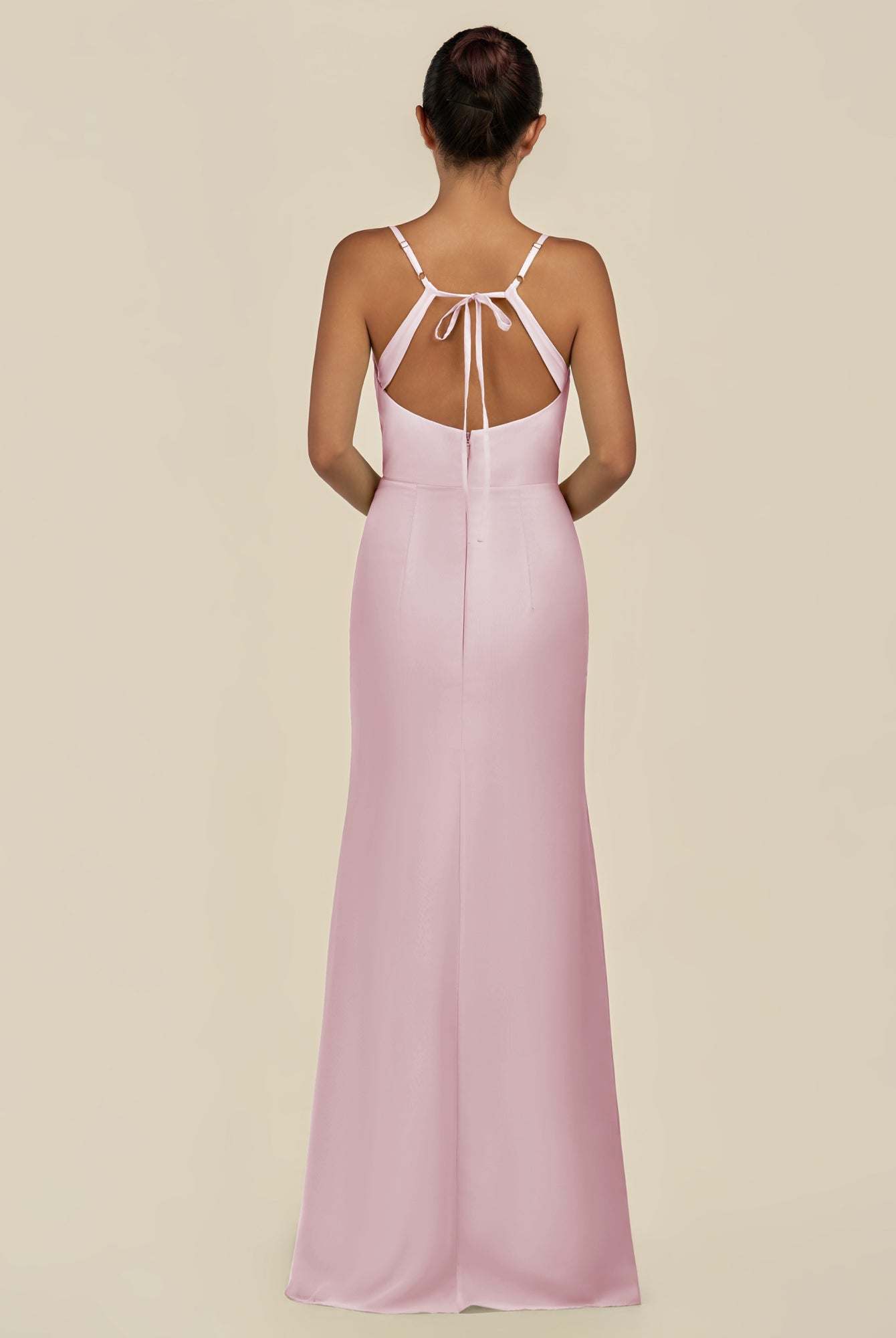 KissDress-Unity Candy Pink Sheath Spaghetti Straps Chiffon Ruched Long Bridesmaid Dress