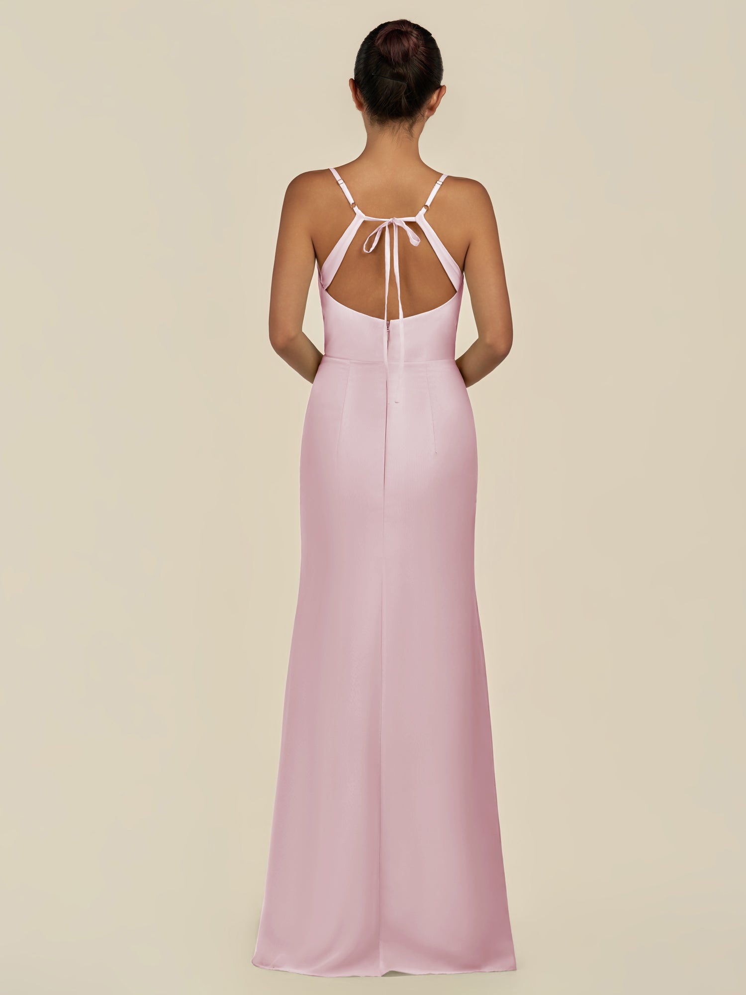 KissDress-Unity Candy Pink Sheath Spaghetti Straps Chiffon Ruched Long Bridesmaid Dress