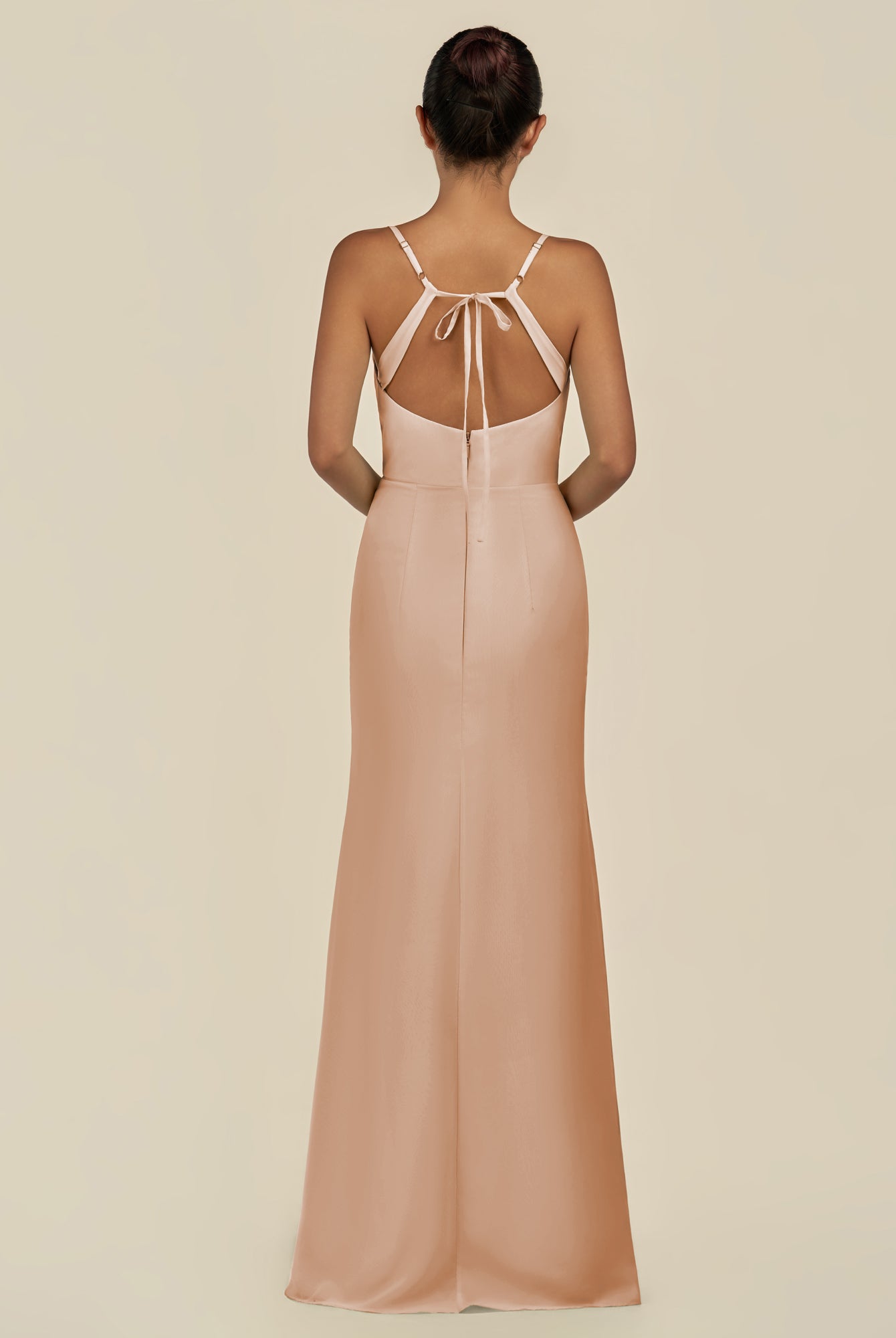 KissDress-Unity Champagne Rose Sheath Spaghetti Straps Chiffon Ruched Long Bridesmaid Dress