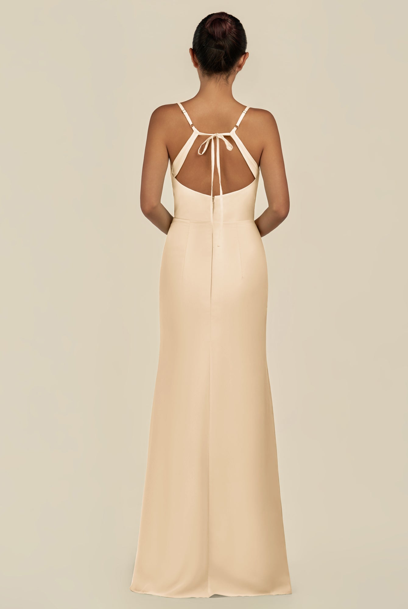 KissDress-Unity Champagne Sheath Spaghetti Straps Chiffon Ruched Long Bridesmaid Dress