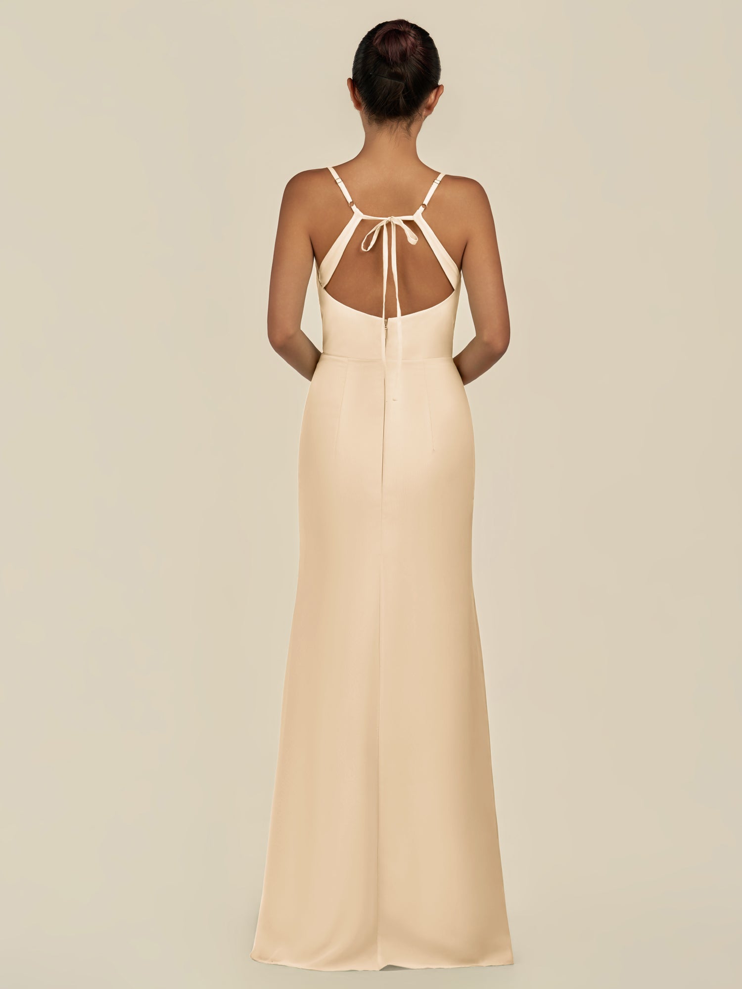 KissDress-Unity Champagne Sheath Spaghetti Straps Chiffon Ruched Long Bridesmaid Dress