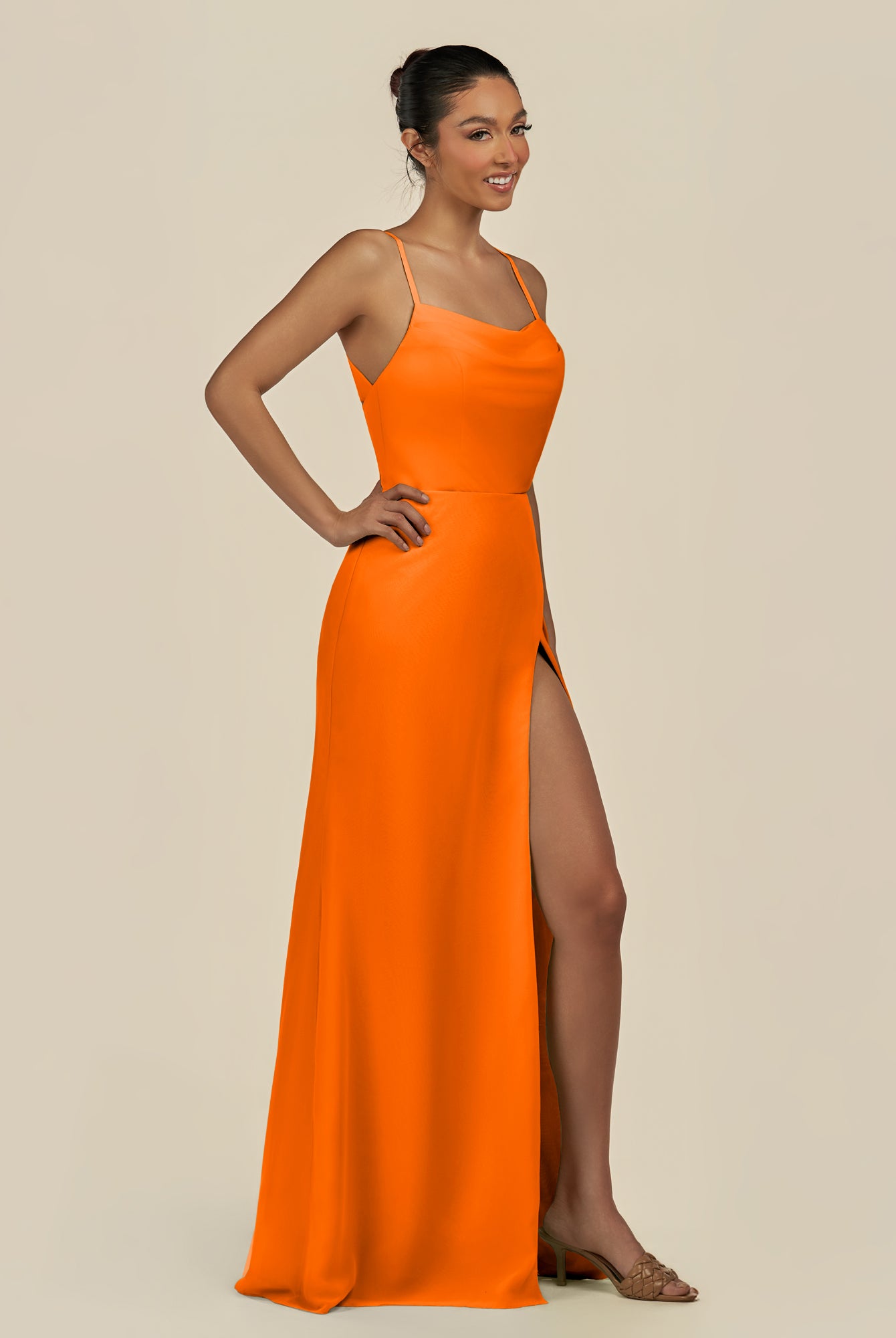KissDress-Unity Cinnamon Sheath Spaghetti Straps Chiffon Ruched Long Bridesmaid Dress