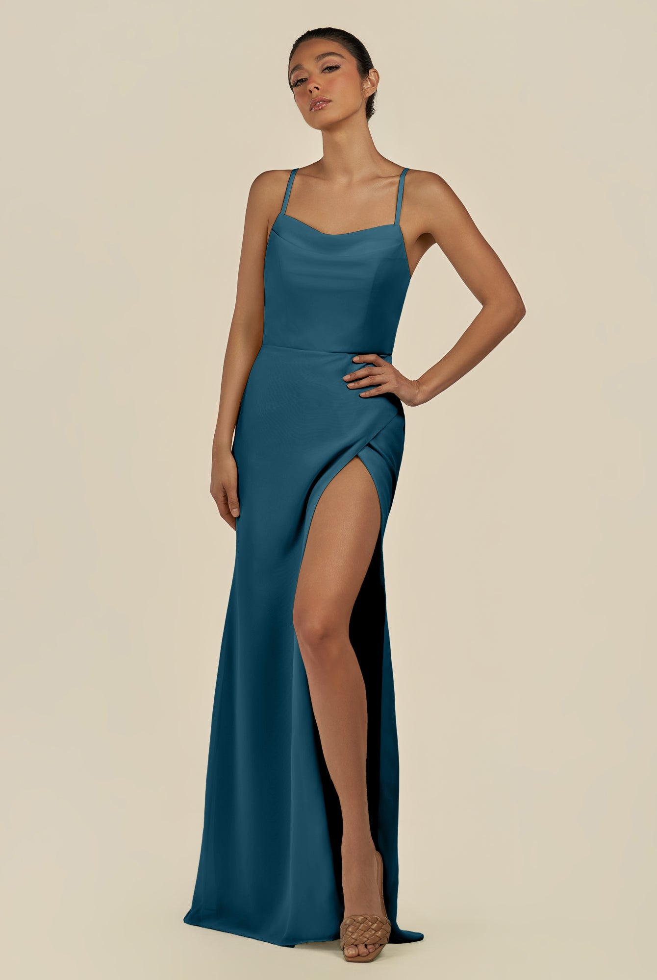 KissDress-Unity Dark Teal Sheath Spaghetti Straps Chiffon Ruched Long Bridesmaid Dress