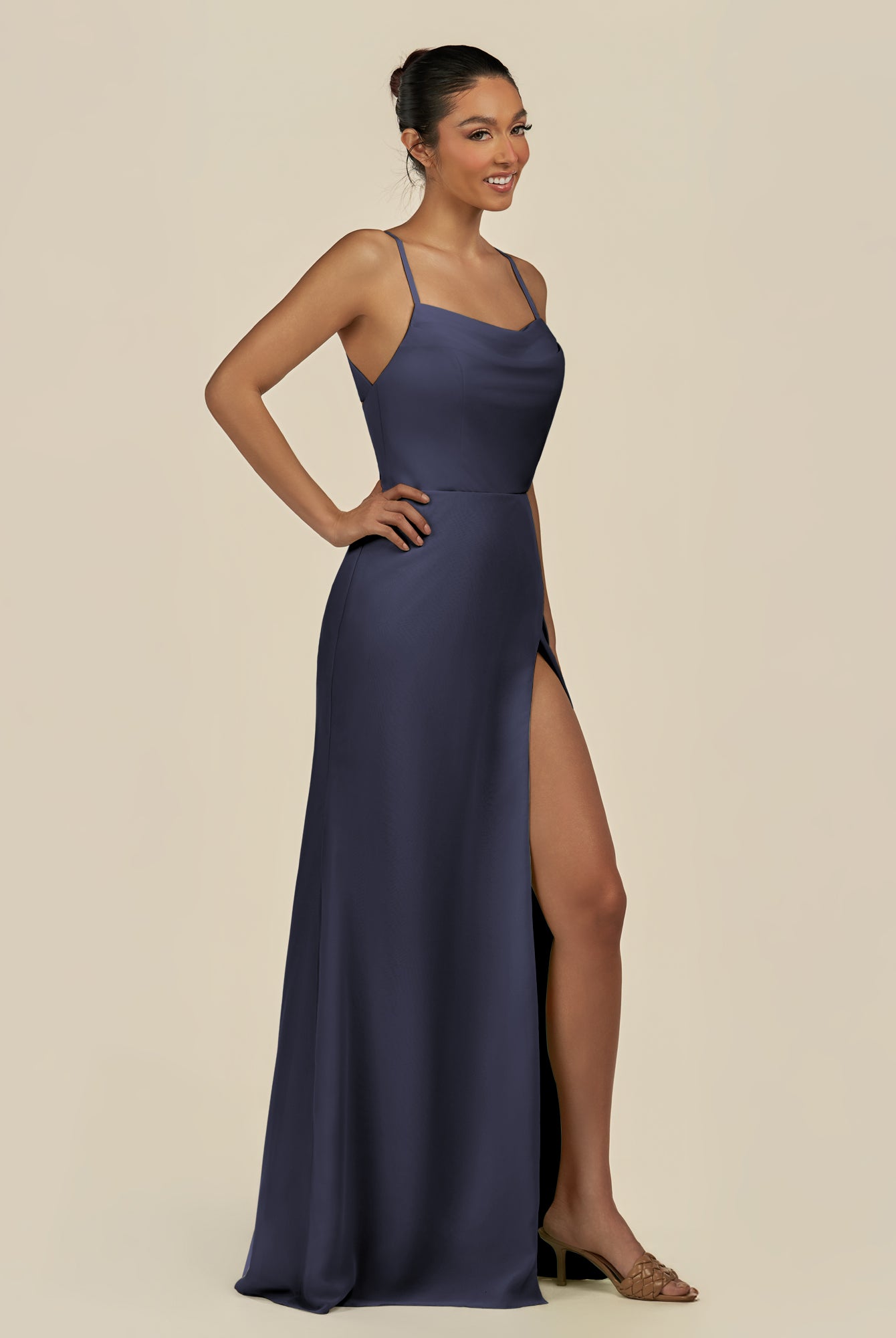 KissDress-Unity Dusk Blue Sheath Spaghetti Straps Chiffon Ruched Long Bridesmaid Dress