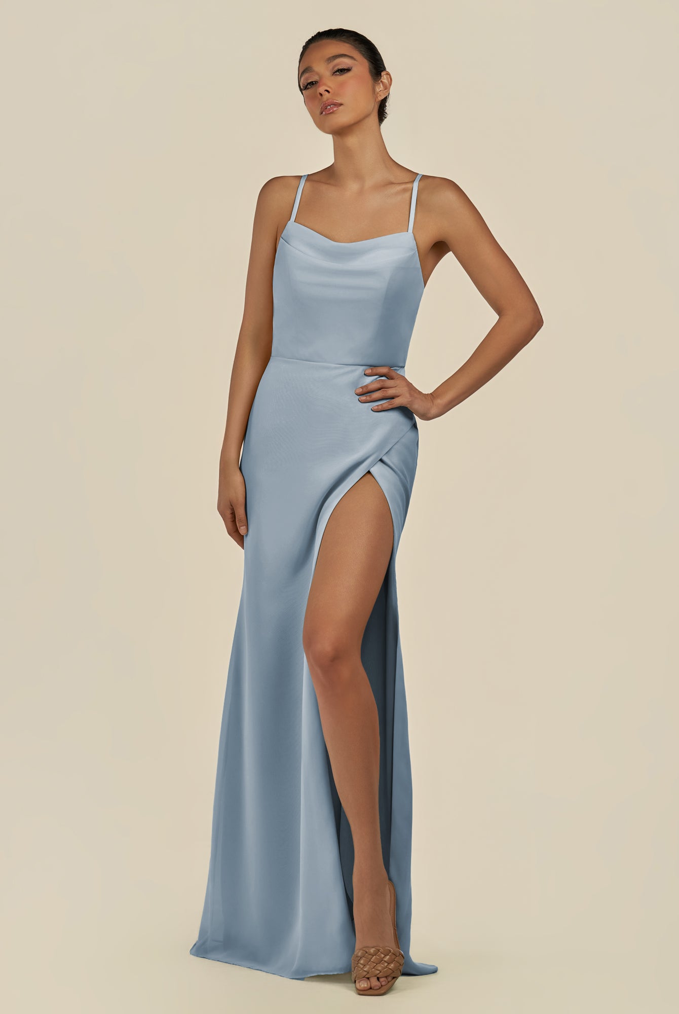 KissDress-Unity Dusty Blue Sheath Spaghetti Straps Chiffon Ruched Long Bridesmaid Dress