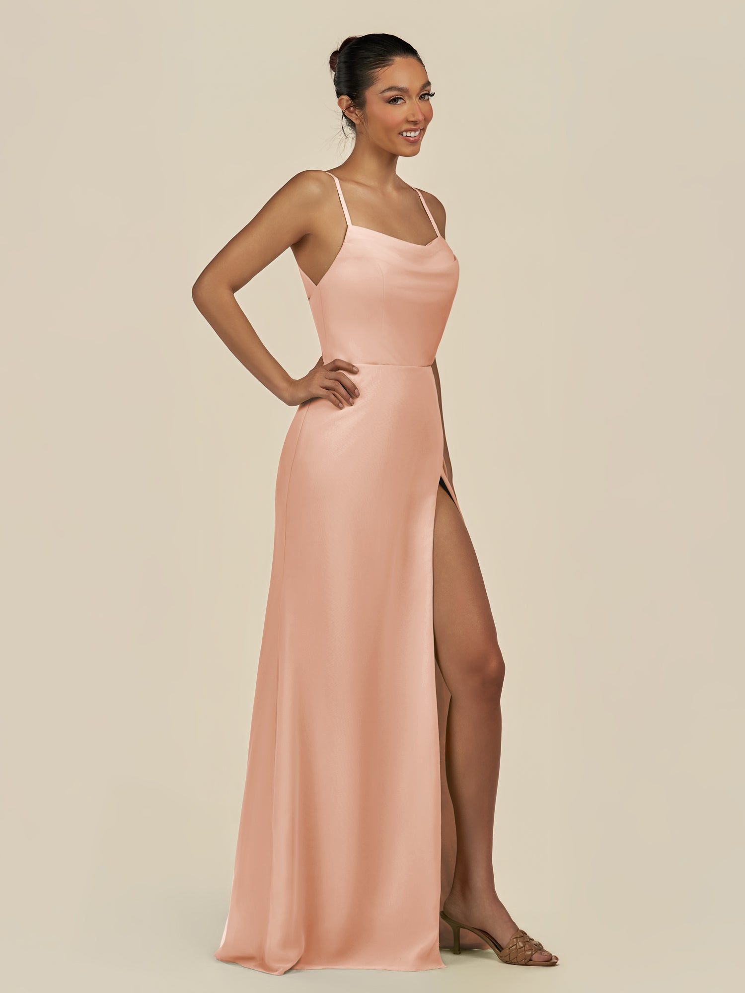 KissDress-Unity English Rose Sheath Spaghetti Straps Chiffon Ruched Long Bridesmaid Dress