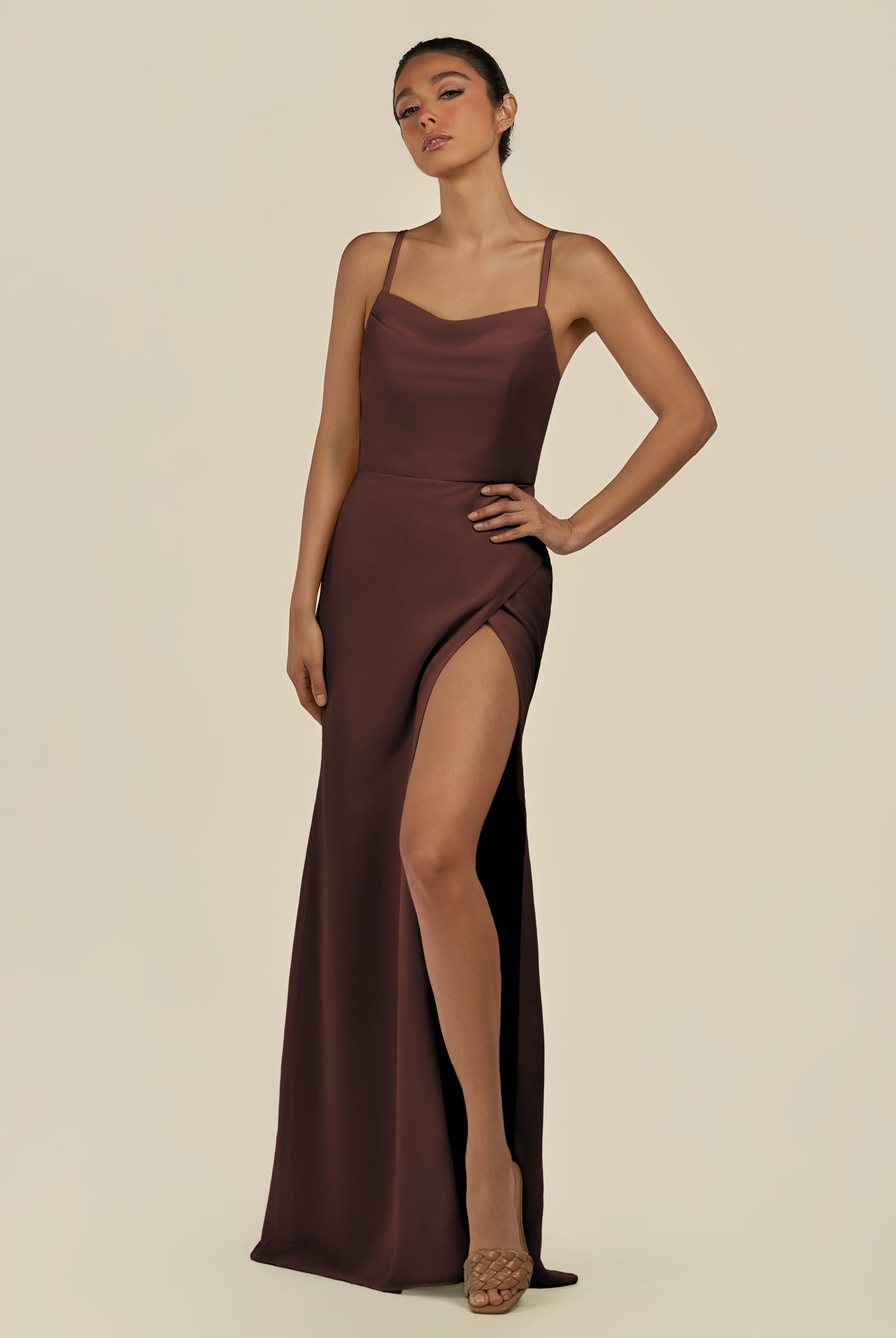 KissDress-Unity Espresso Sheath Spaghetti Straps Chiffon Ruched Long Bridesmaid Dress