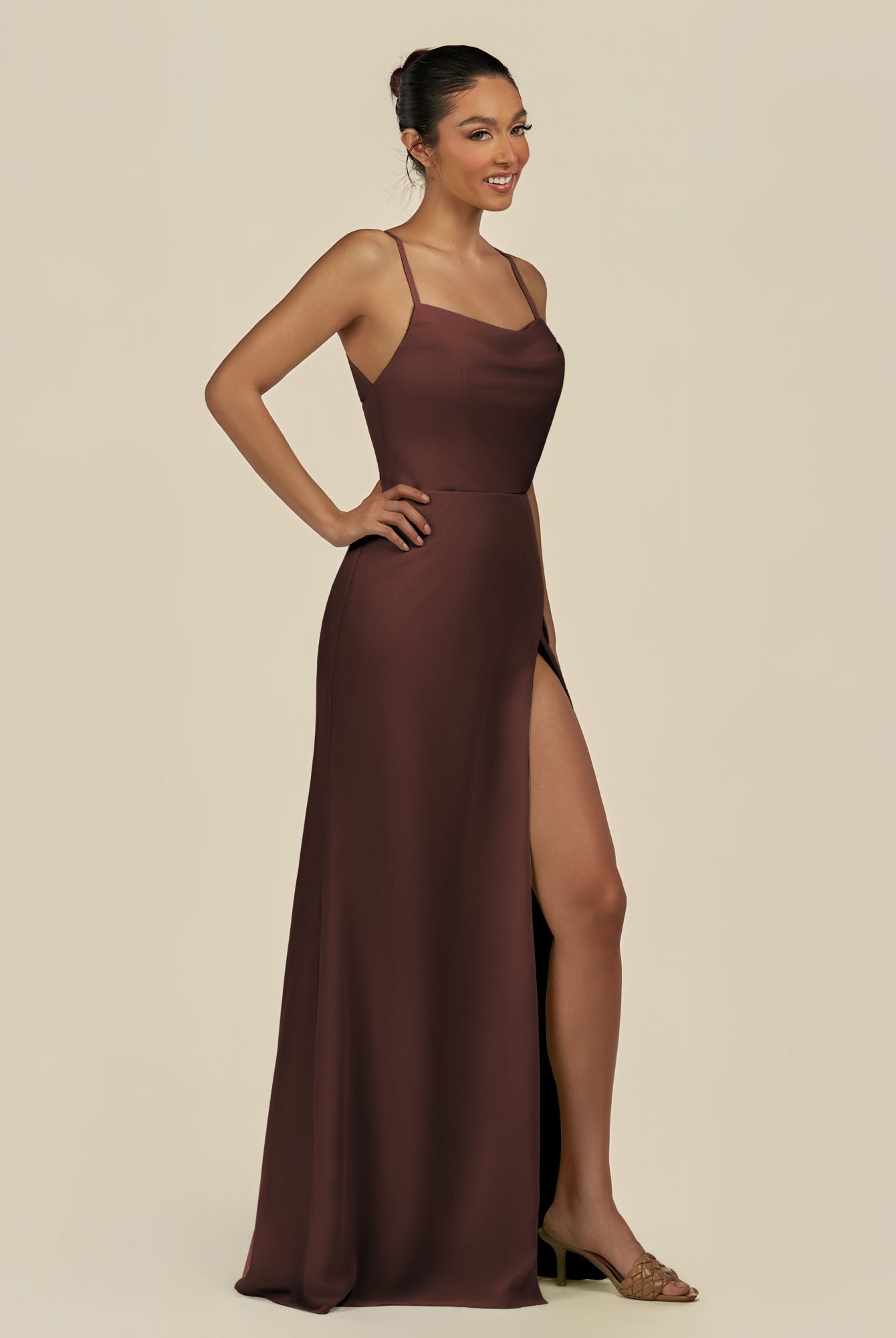 KissDress-Unity Espresso Sheath Spaghetti Straps Chiffon Ruched Long Bridesmaid Dress