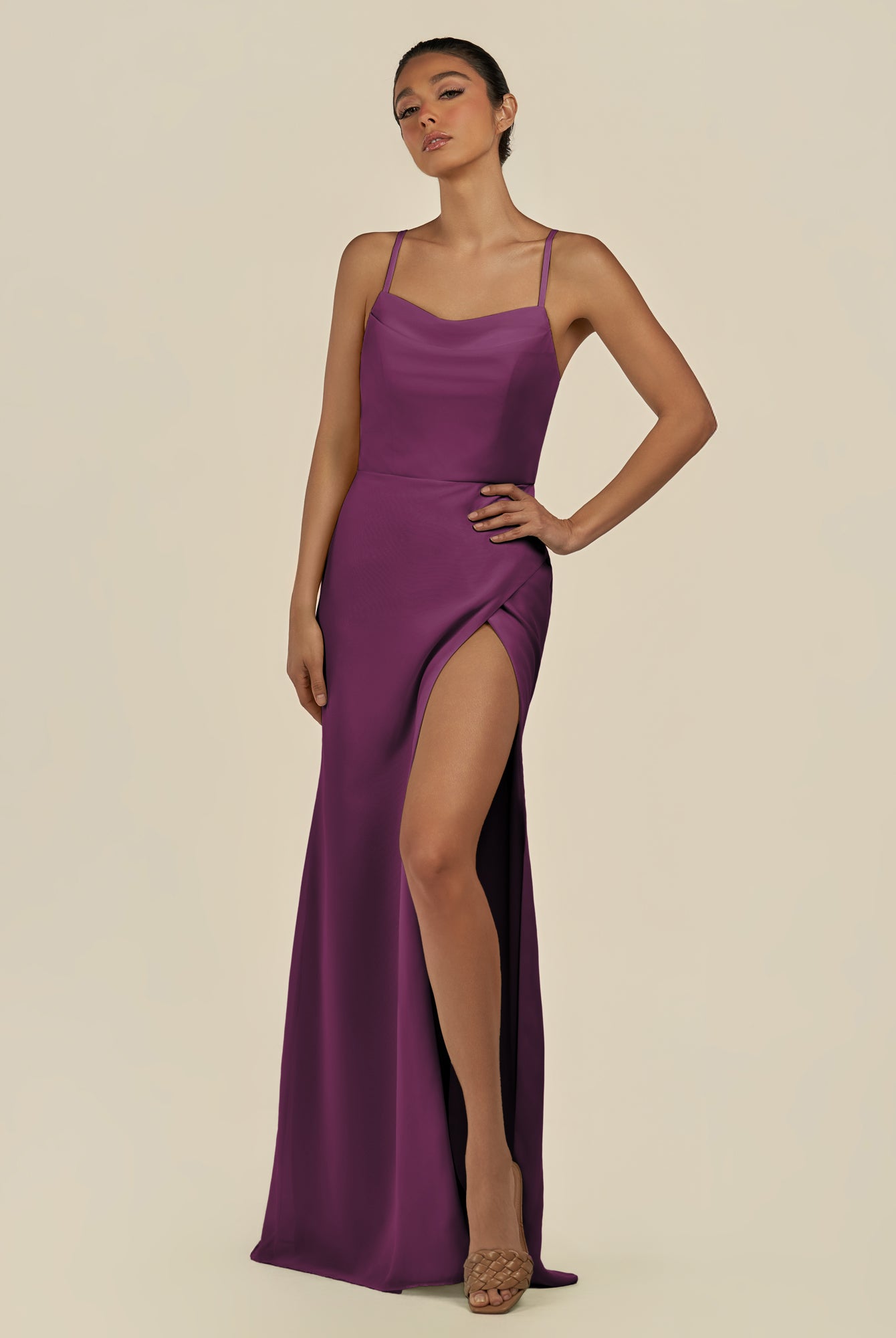 KissDress-Unity Fig Sheath Spaghetti Straps Chiffon Ruched Long Bridesmaid Dress