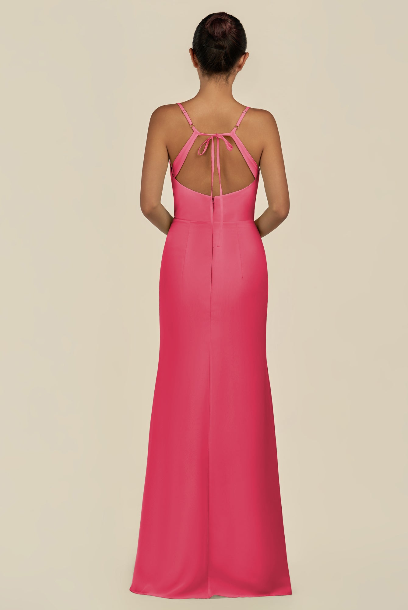 KissDress-Unity Fuchsia Sheath Spaghetti Straps Chiffon Ruched Long Bridesmaid Dress