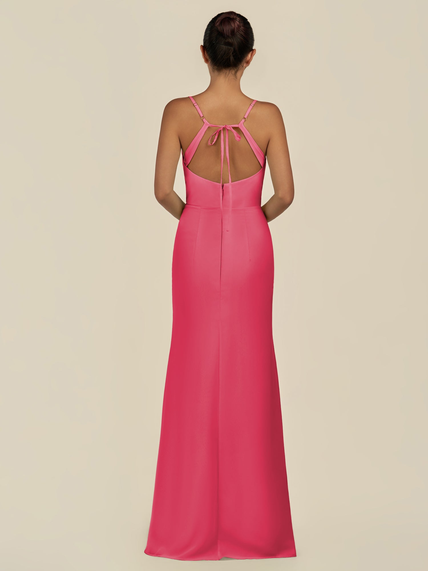 KissDress-Unity Fuchsia Sheath Spaghetti Straps Chiffon Ruched Long Bridesmaid Dress