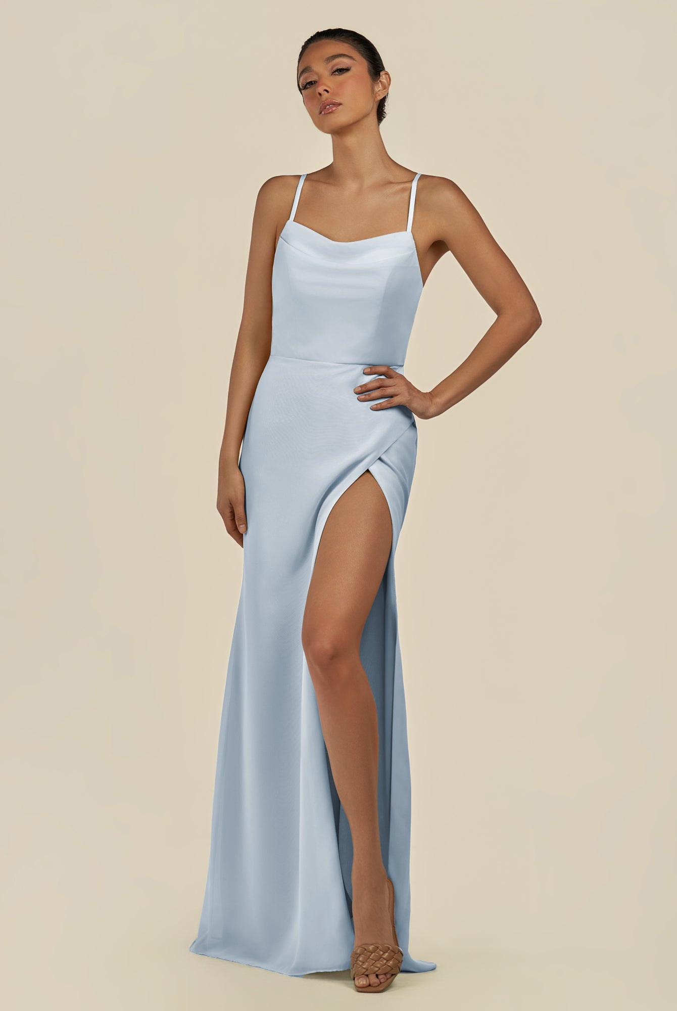 KissDress-Unity Ice Sheath Spaghetti Straps Chiffon Ruched Long Bridesmaid Dress