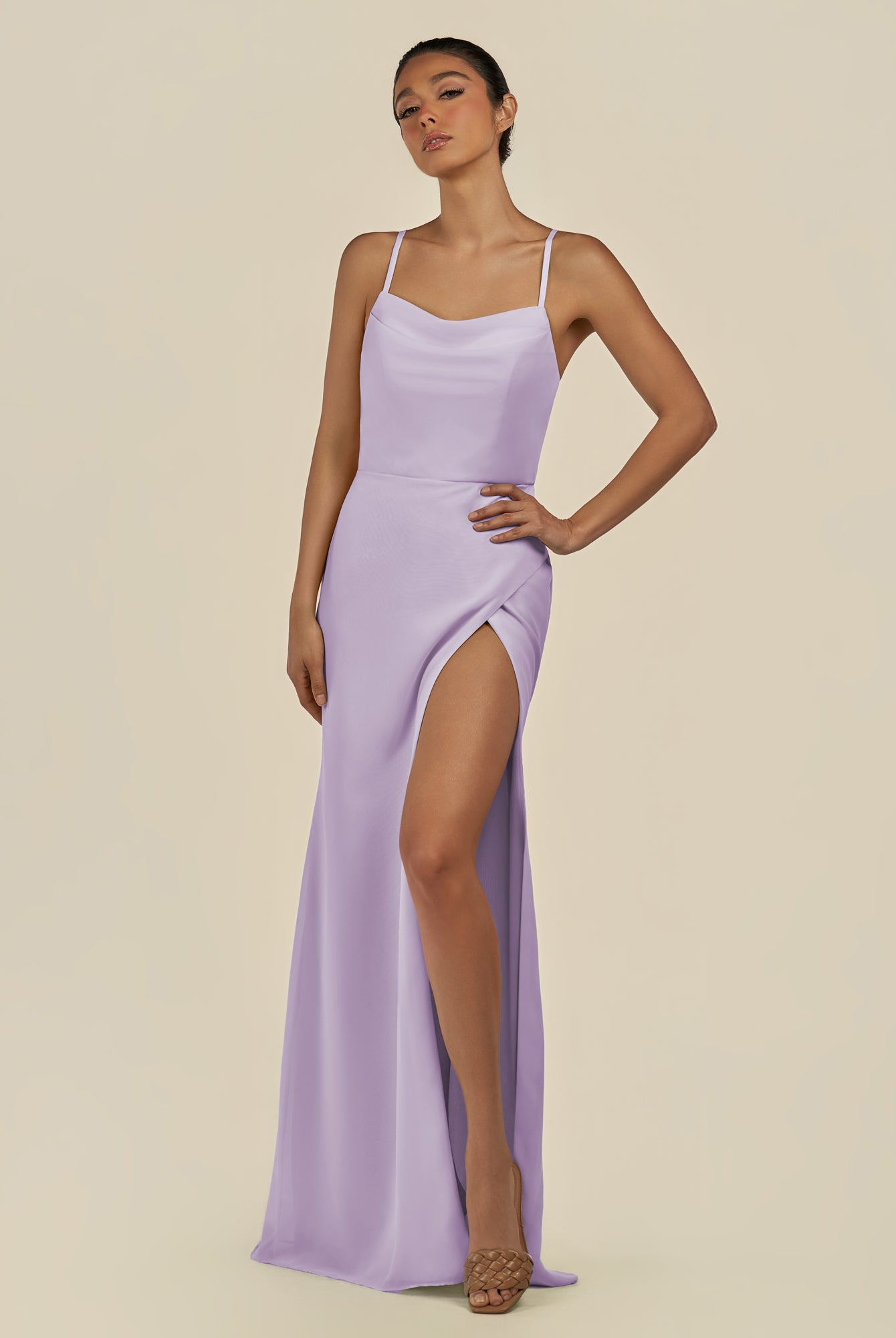 KissDress-Unity Lavender Sheath Spaghetti Straps Chiffon Ruched Long Bridesmaid Dress