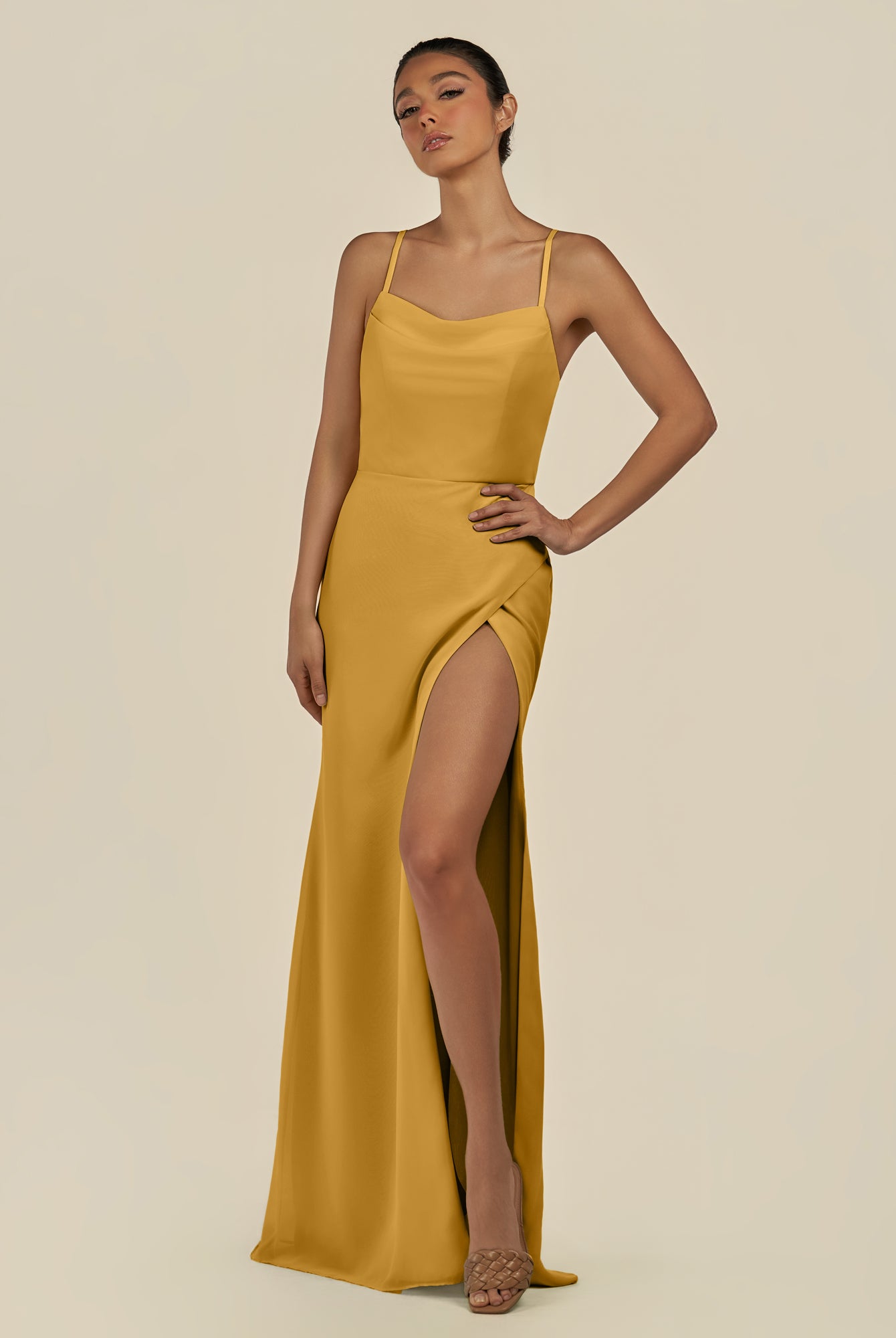 KissDress-Unity Marigold Sheath Spaghetti Straps Chiffon Ruched Long Bridesmaid Dress