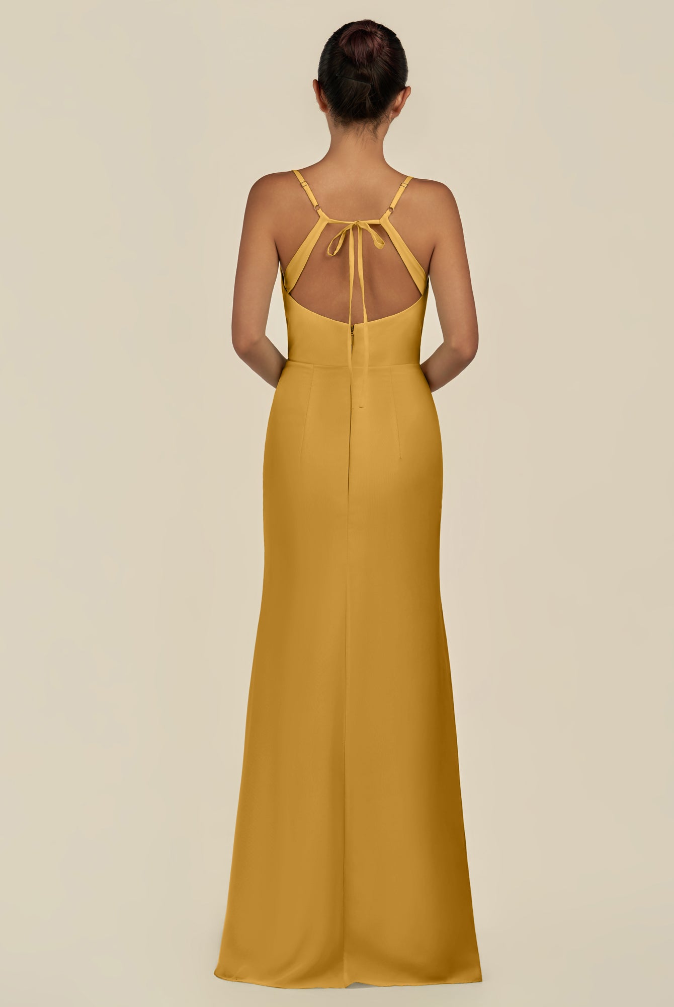 KissDress-Unity Marigold Sheath Spaghetti Straps Chiffon Ruched Long Bridesmaid Dress